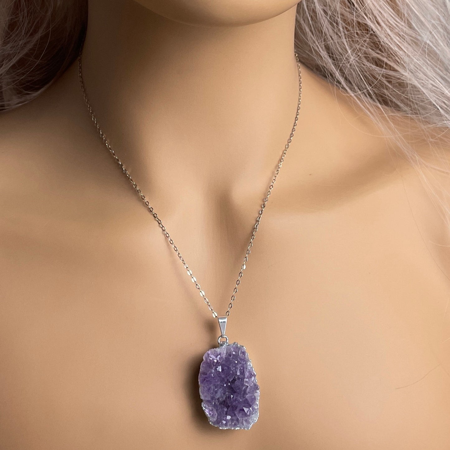 Purple Amethyst Druzy Crystal Necklace with Sterling Silver Chain, Boho Christmas Gifts For Her, R14-44