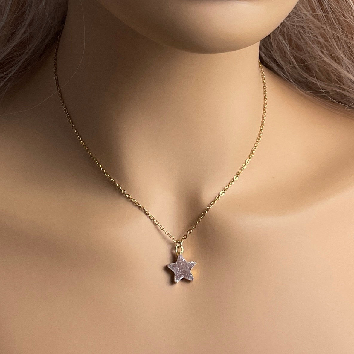 Tiny Star Natural Druzy Crystal Necklace on 18K Gold Stainless Steel Chain, G15-25