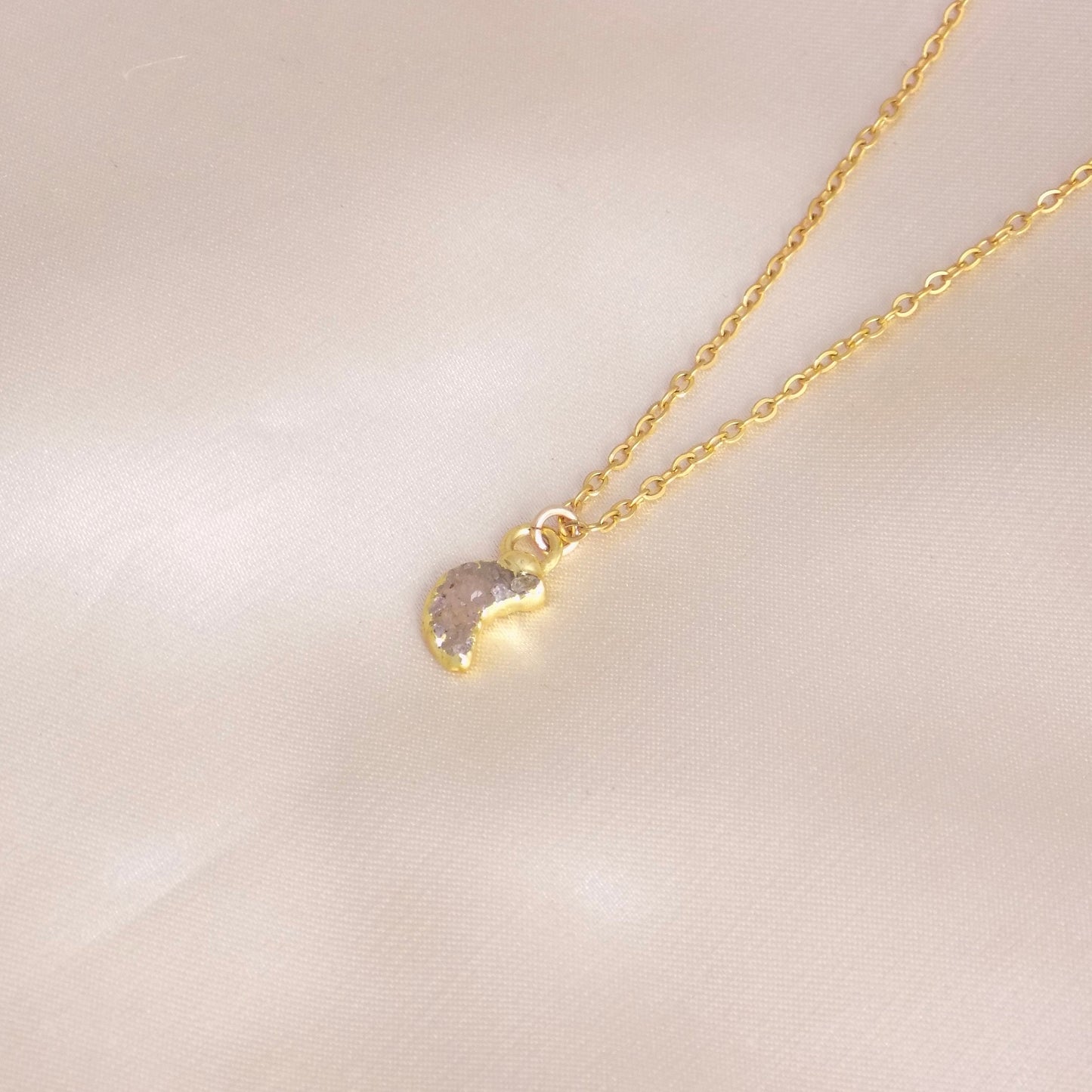 Tiny Moon Necklace Gold, Natural Druzy Gemstone, Minimalist Jewelry, R14-47