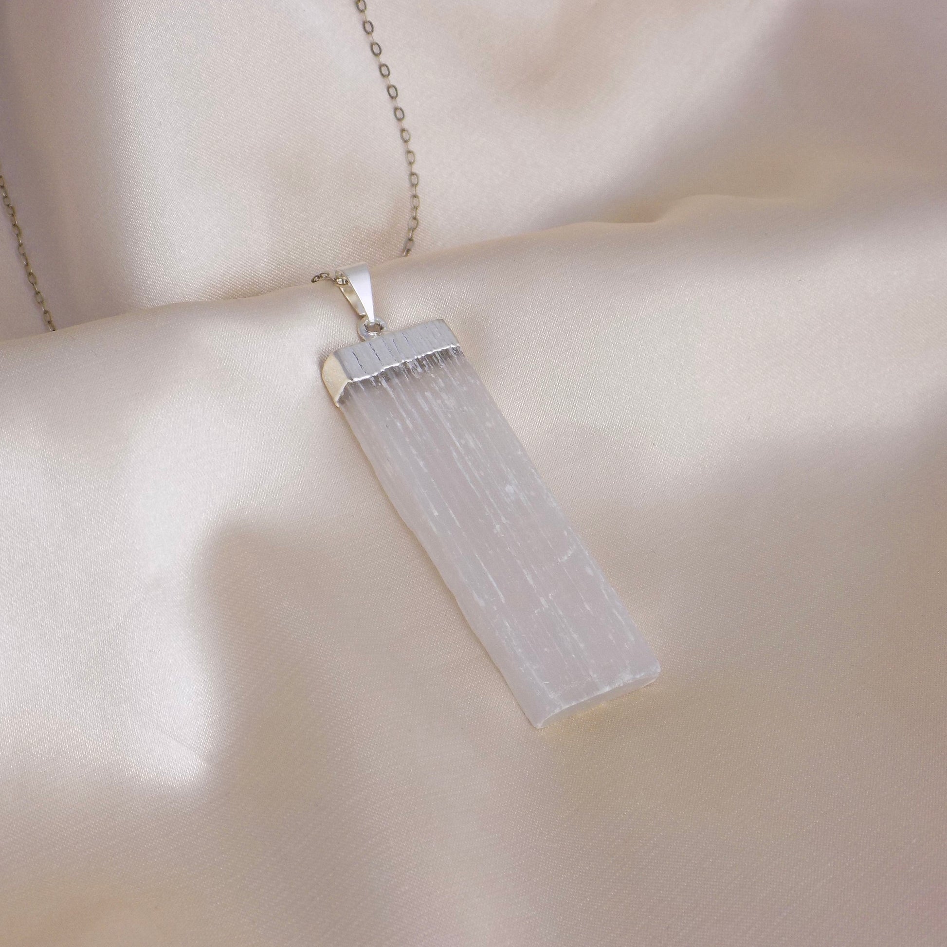 Large White Selenite Gemstone Necklace with 925 Sterling Silver Chain, G14-286