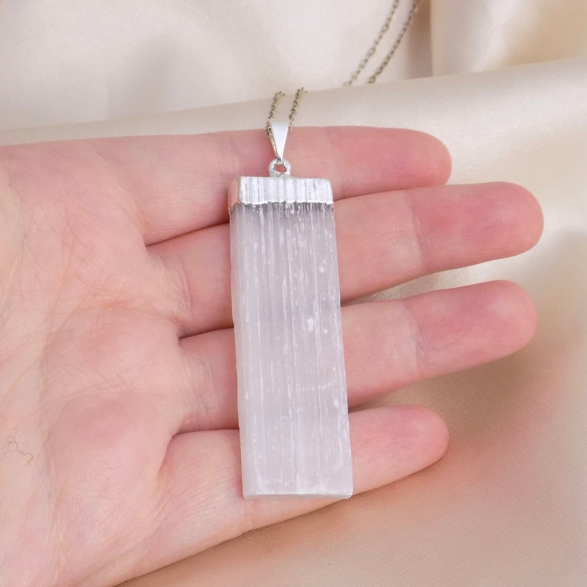 Large White Selenite Gemstone Necklace with 925 Sterling Silver Chain, G14-286