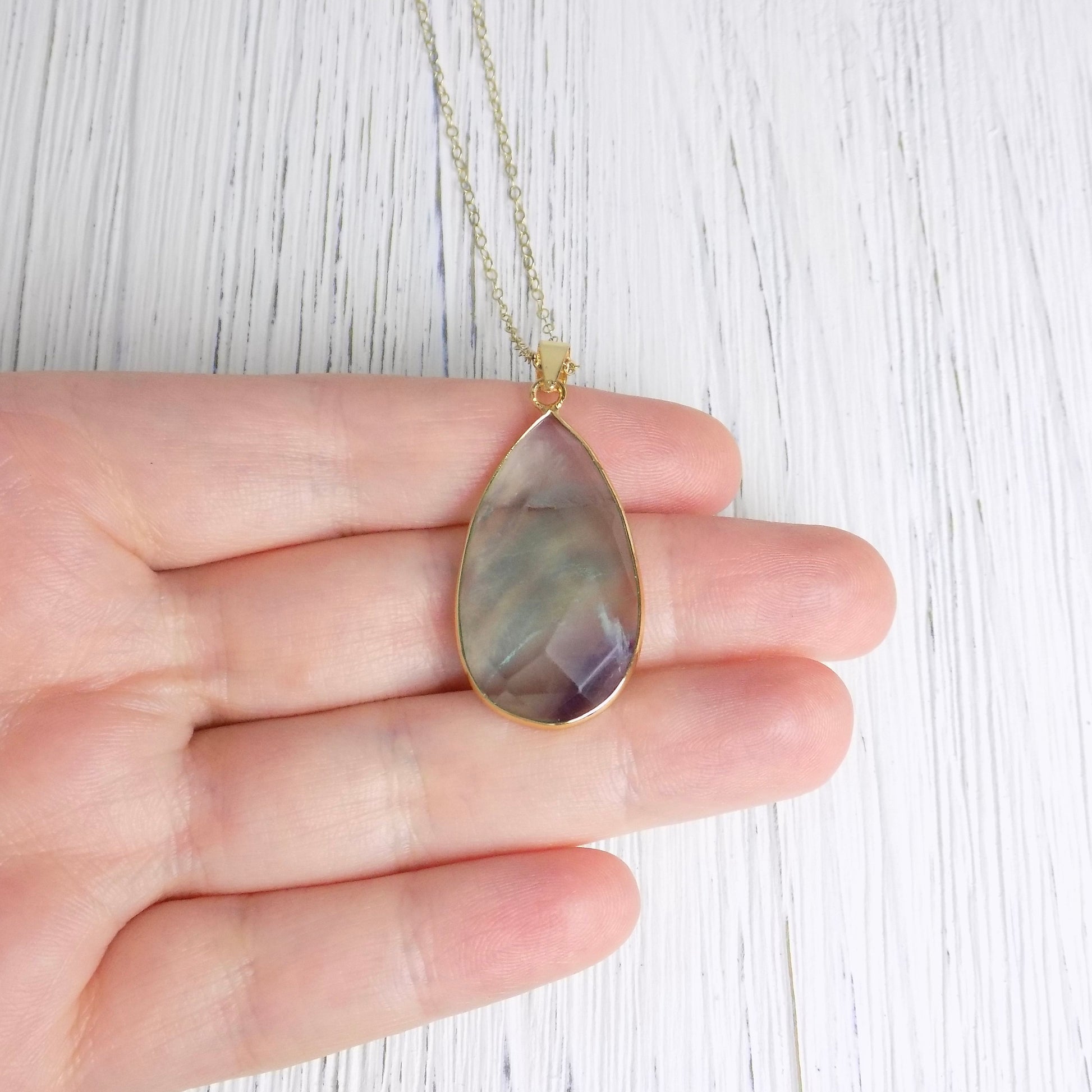 Fluorite Necklace, Boho Purple Green Crystal Necklace, Chunky Gemstone Necklace, Gold Layering Necklace, Mom Gift, M6-718