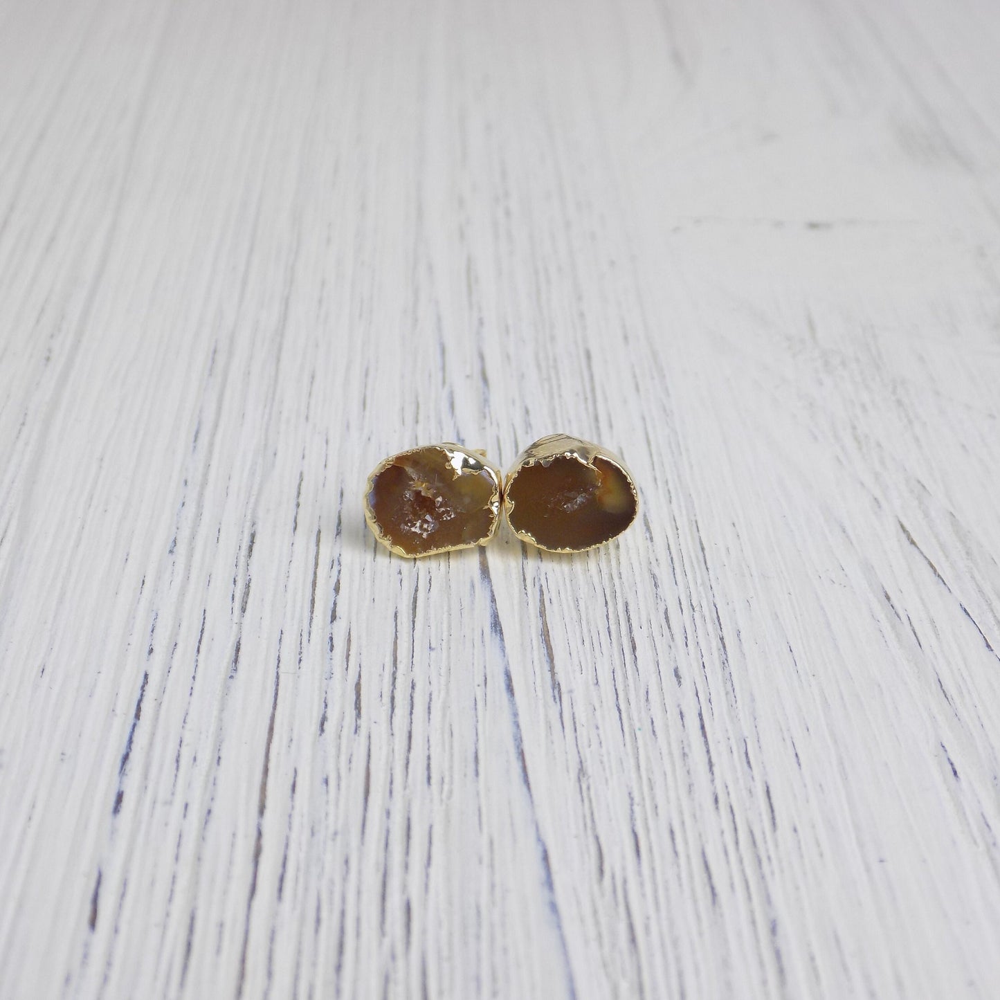 Brown Geode Earrings Studs Gold Dipped Natural Gemstone, Gifts For Mom, G14-135