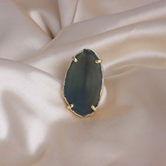 Dark Green Agate Gemstone Ring Adjustable, Gold Dipped Large Natural Stone, G14-293