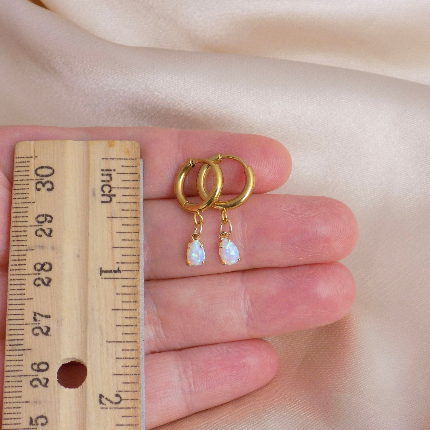 Gold Hoop Earrings With Tiny Teardrop Opal Gemstones, Christmas Gift Women, M6-713