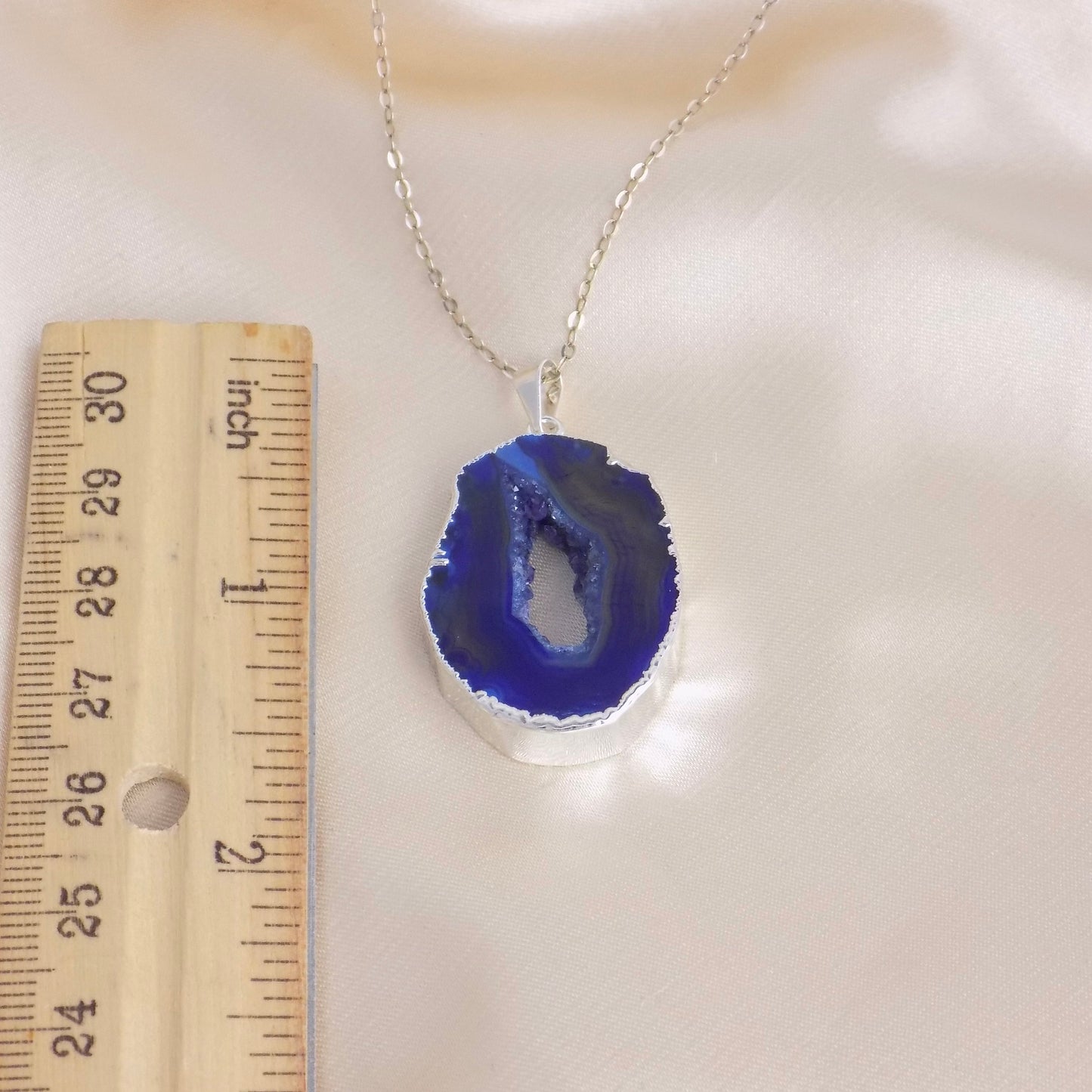 Blue Geode Necklace Silver, Boho Statement Sliced Geode Pendant for Layering, Christmas Gifts For Best Friend, G14-296