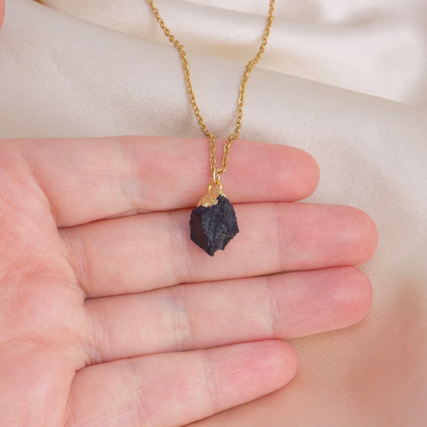 Small Raw Black Tourmaline Necklace on 18K Gold Stainless Steel Chain, M6-714