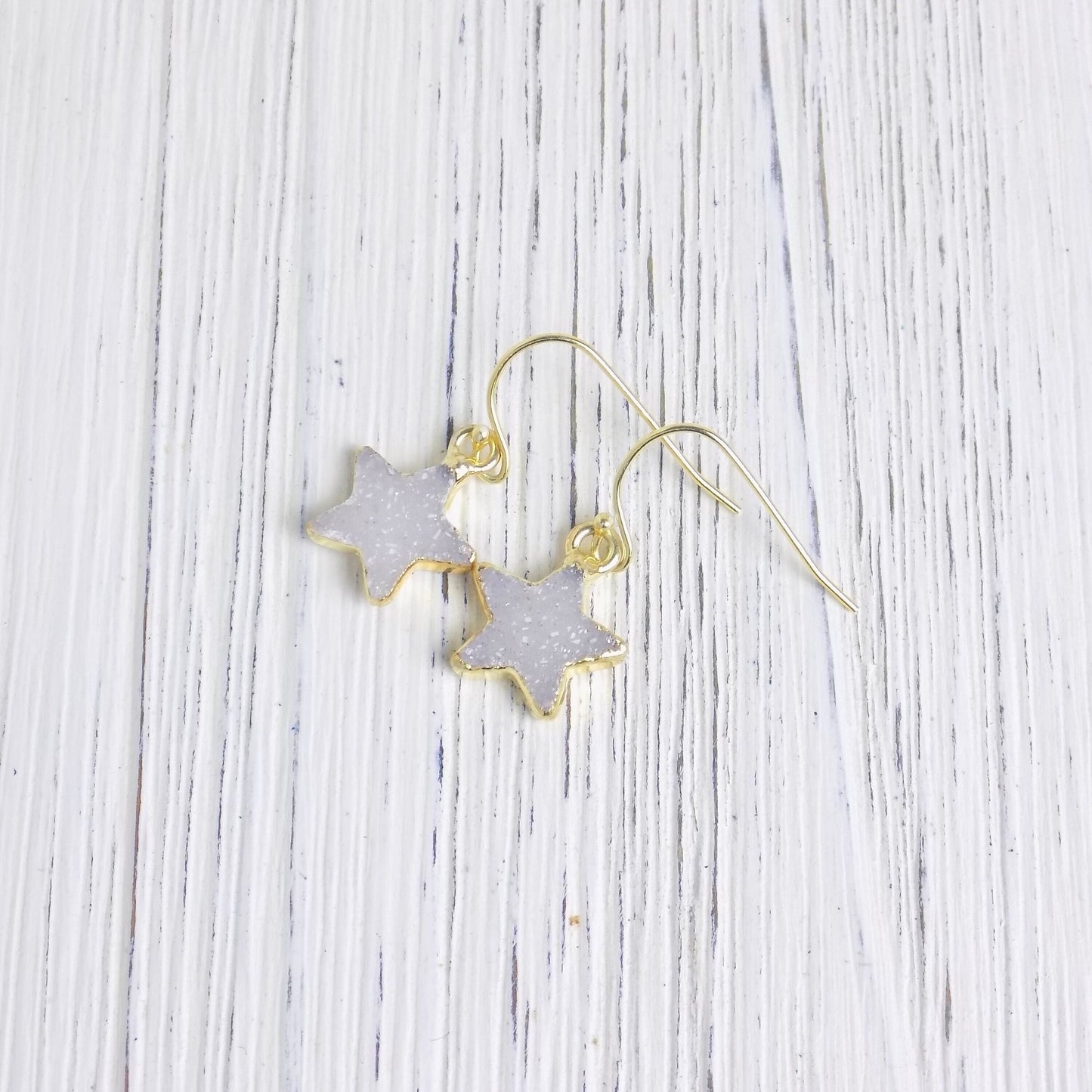 Gifts For Her, Small Star Druzy Drop Earrings Gold Dipped Sparkly, R11-10