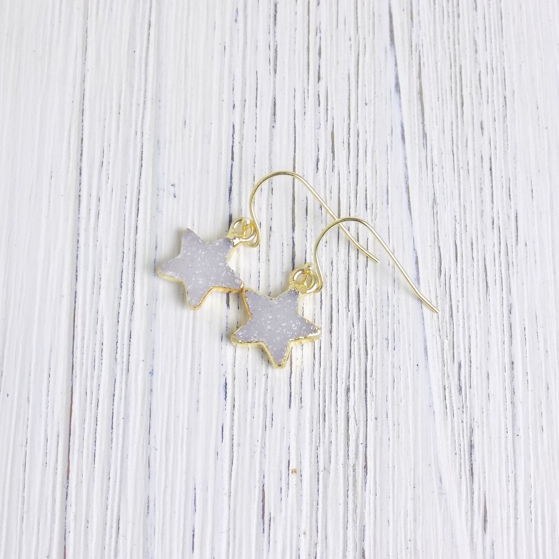 Gifts For Her, Small Star Druzy Drop Earrings Gold Dipped Sparkly, R11-10