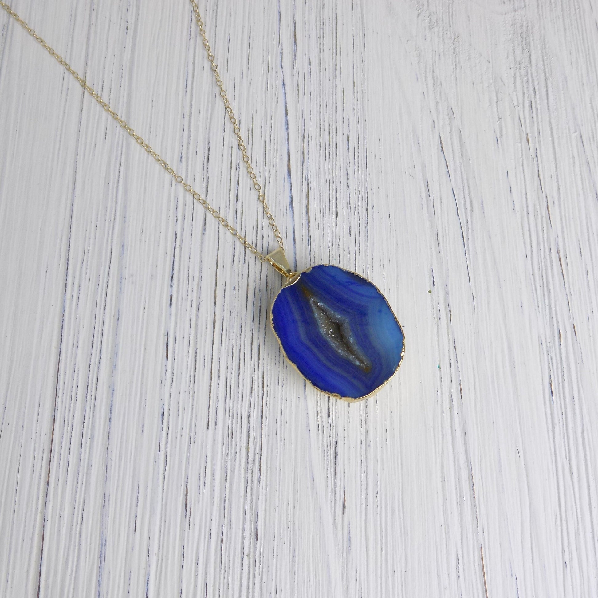 Gift Women, Geode Necklace, Blue Druzy Necklace, Slice Agate Necklace, Gemstone Necklace, Boho Necklace, Gold Layer, Stone Necklace G14-732