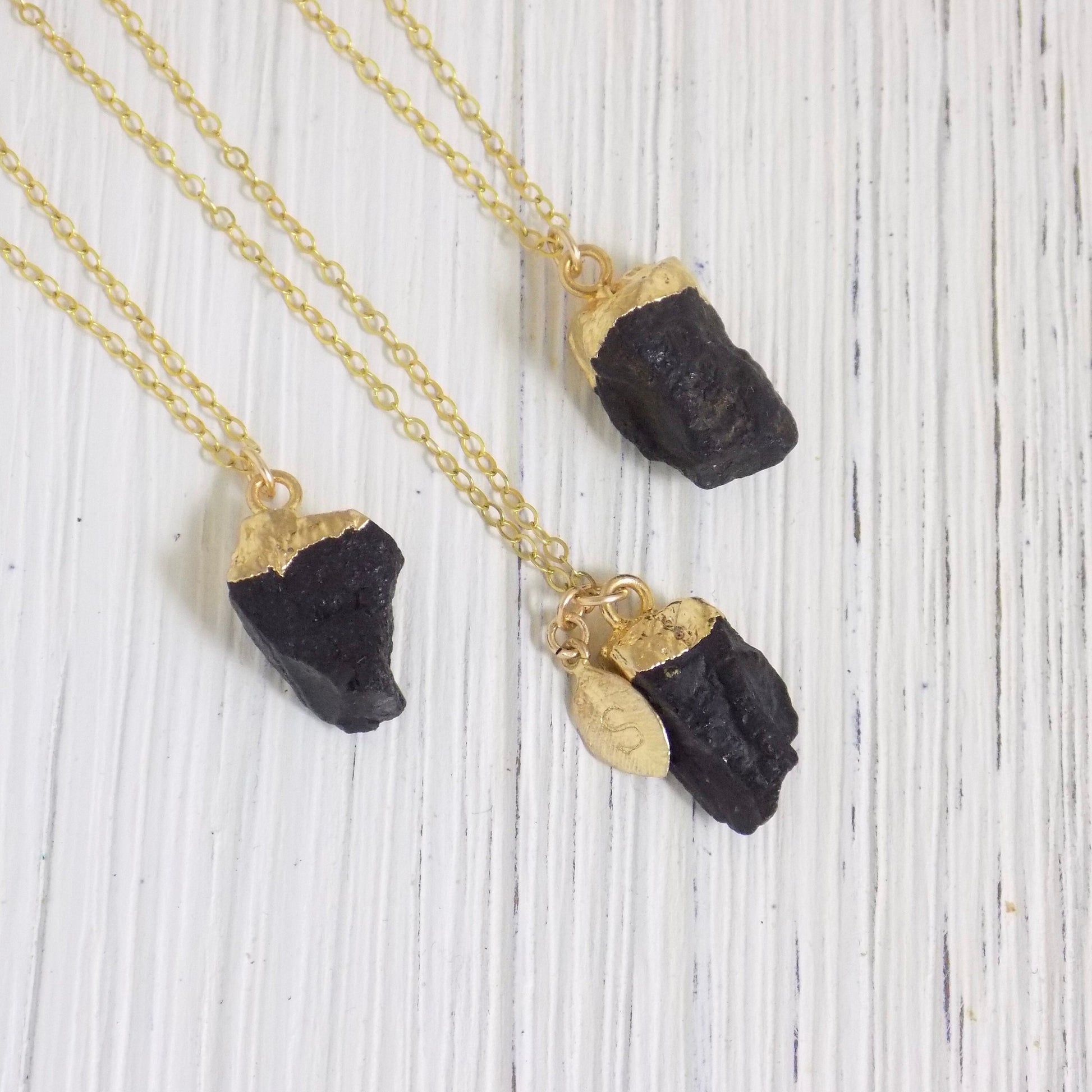 Small Natural Raw Black Tourmaline Gemstone Necklace With Custom Initial Gold, M5-01