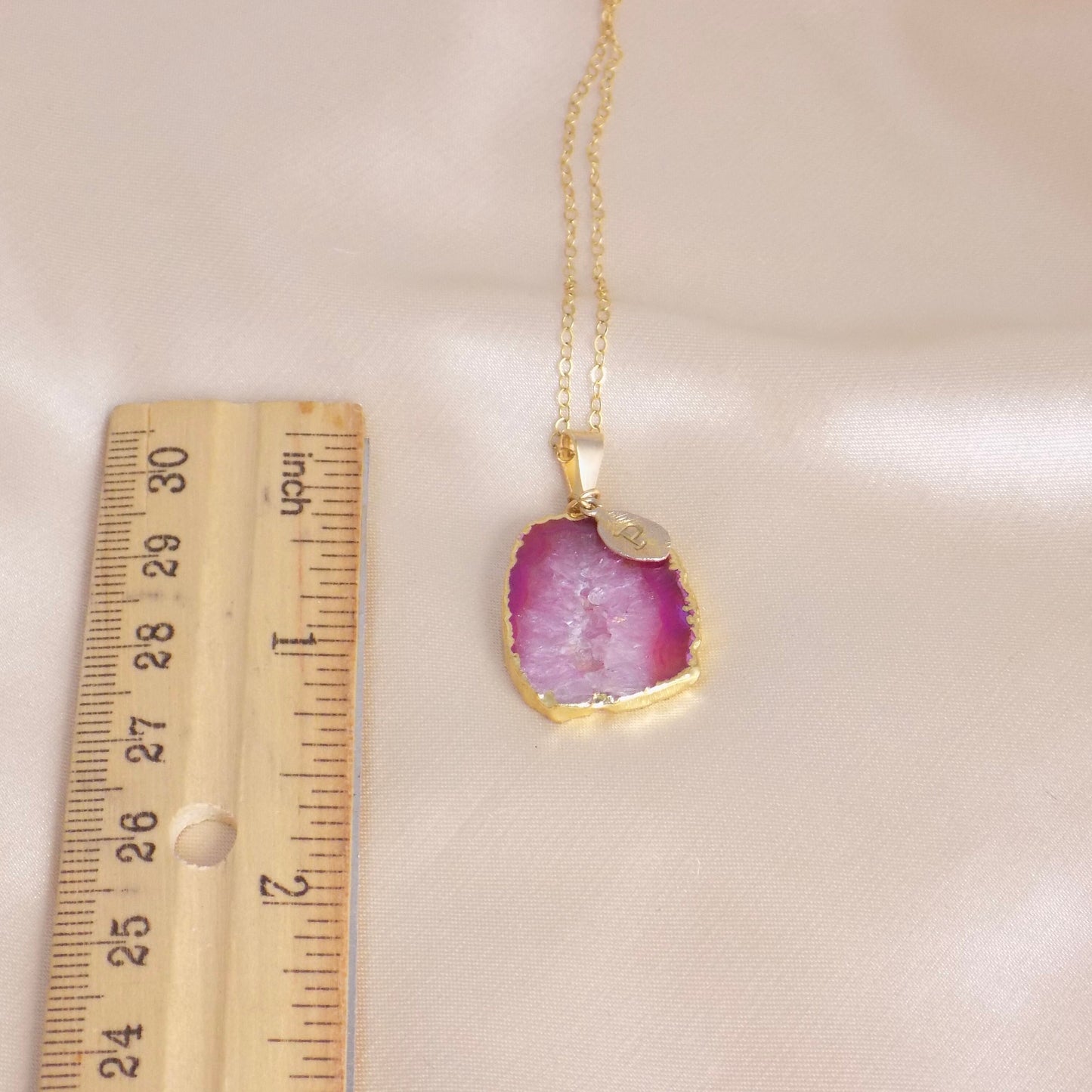 Pink Druzy Necklace Gold Fill Chain - Small Geode Necklace