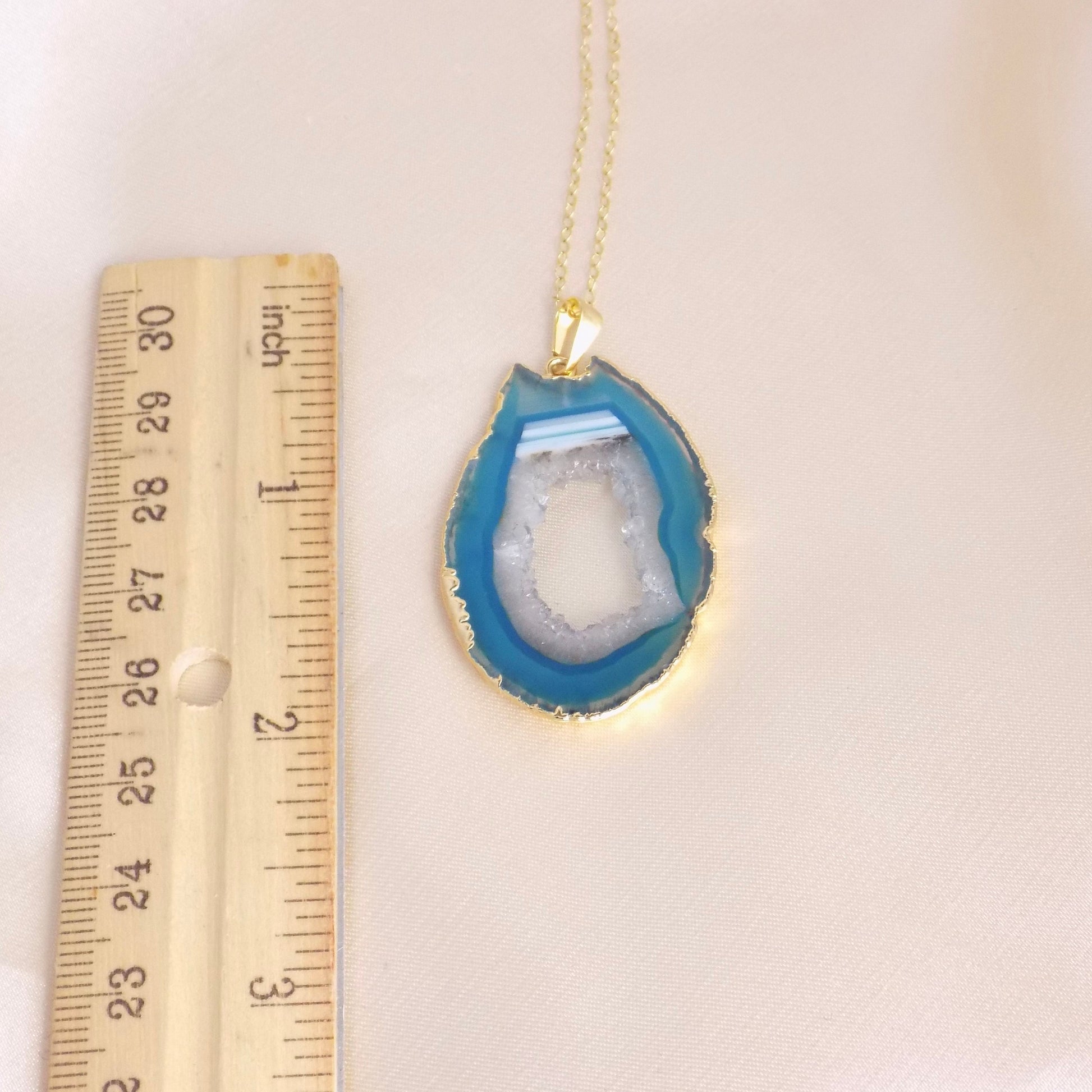 Unique Statement Necklace, Teal Blue Agate Pendant, Sliced Geode, Druzy Necklaces, 14K Gold Filled Chain, Gift For Her, G14-312