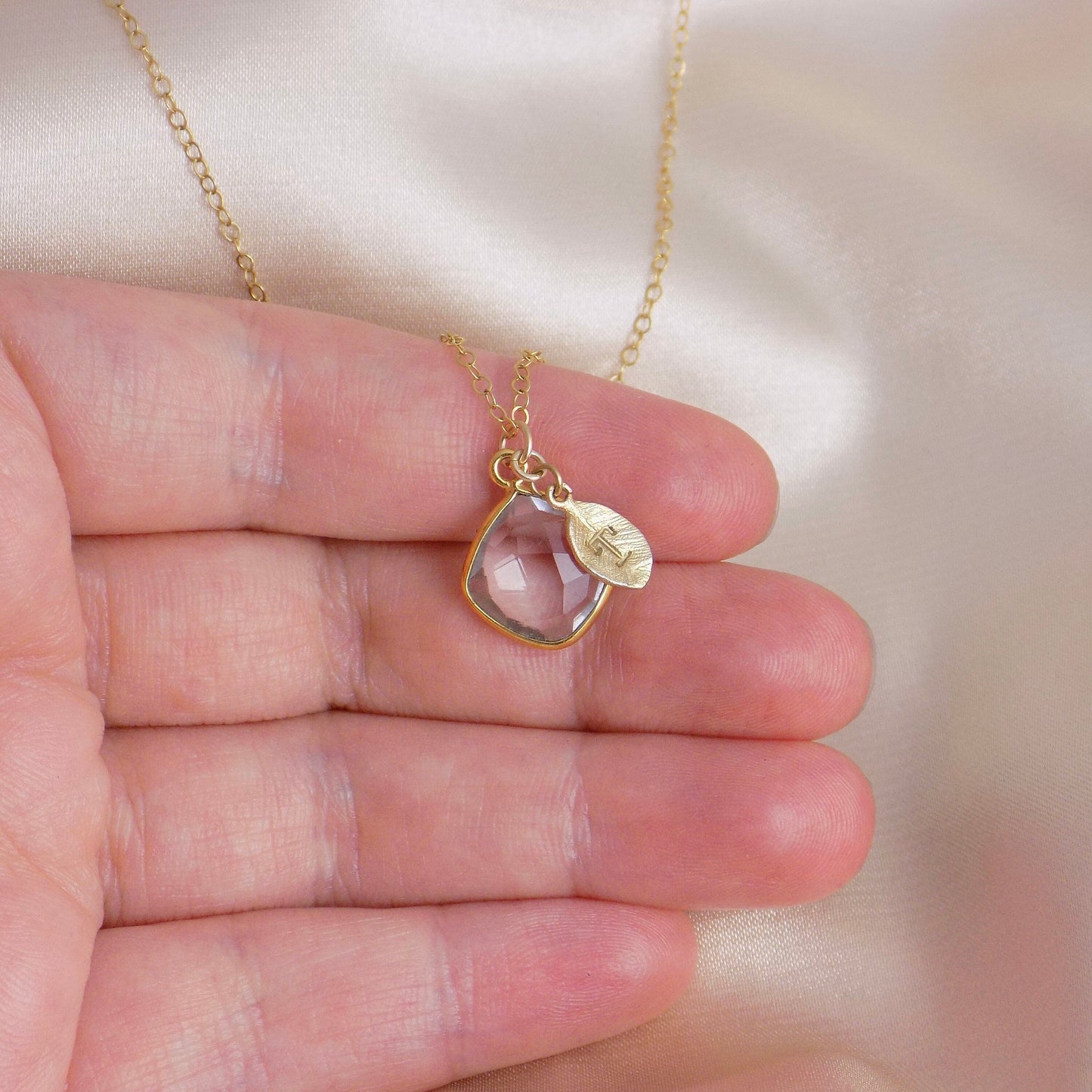 April Birthstone Natural Clear Crystal Gemstone Necklace Gold with Custom Initial, Gift For Mom, M6-60
