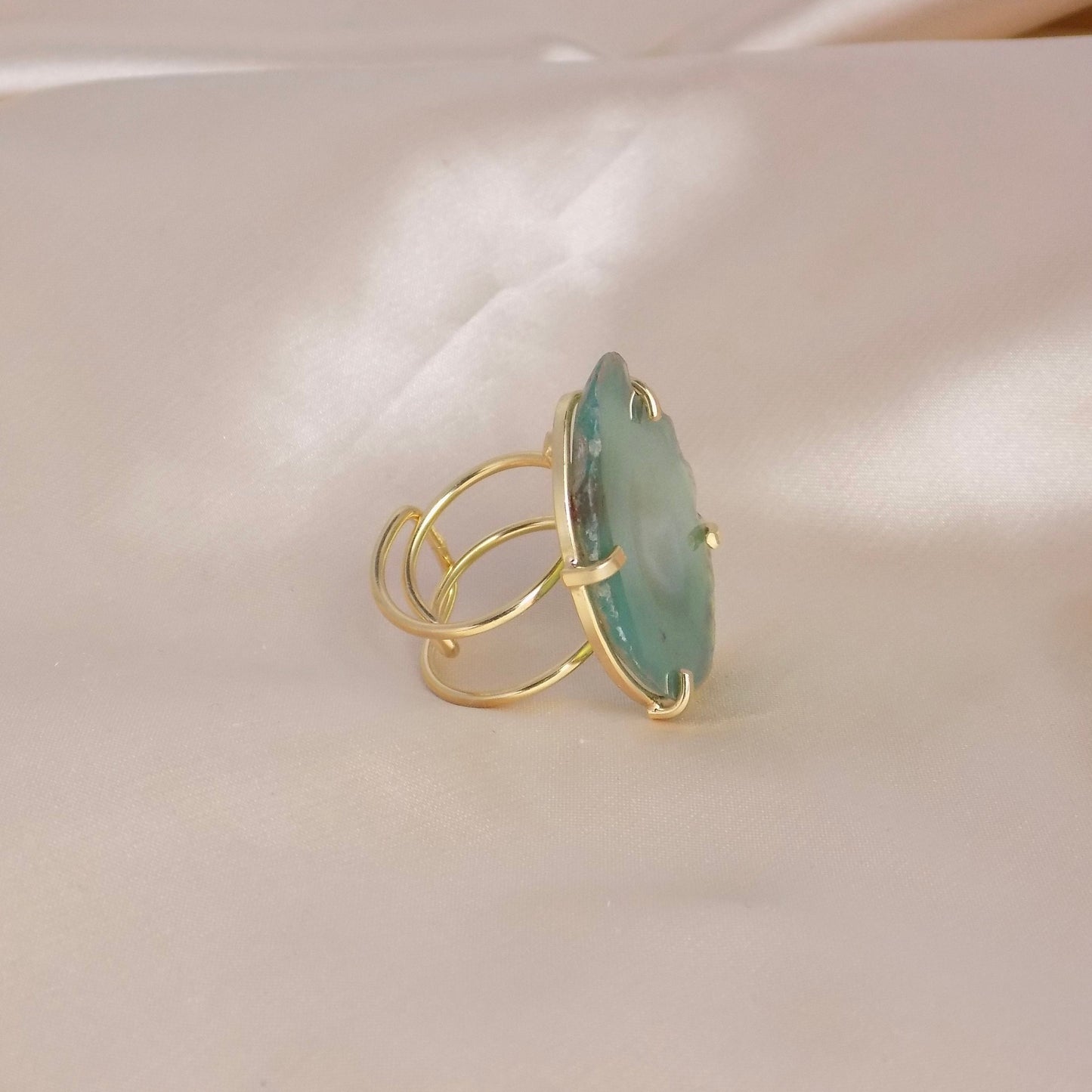 Boho Green Agate Gemstone Ring Gold Plated Adjustable, Mothers Day Gift, G14-724