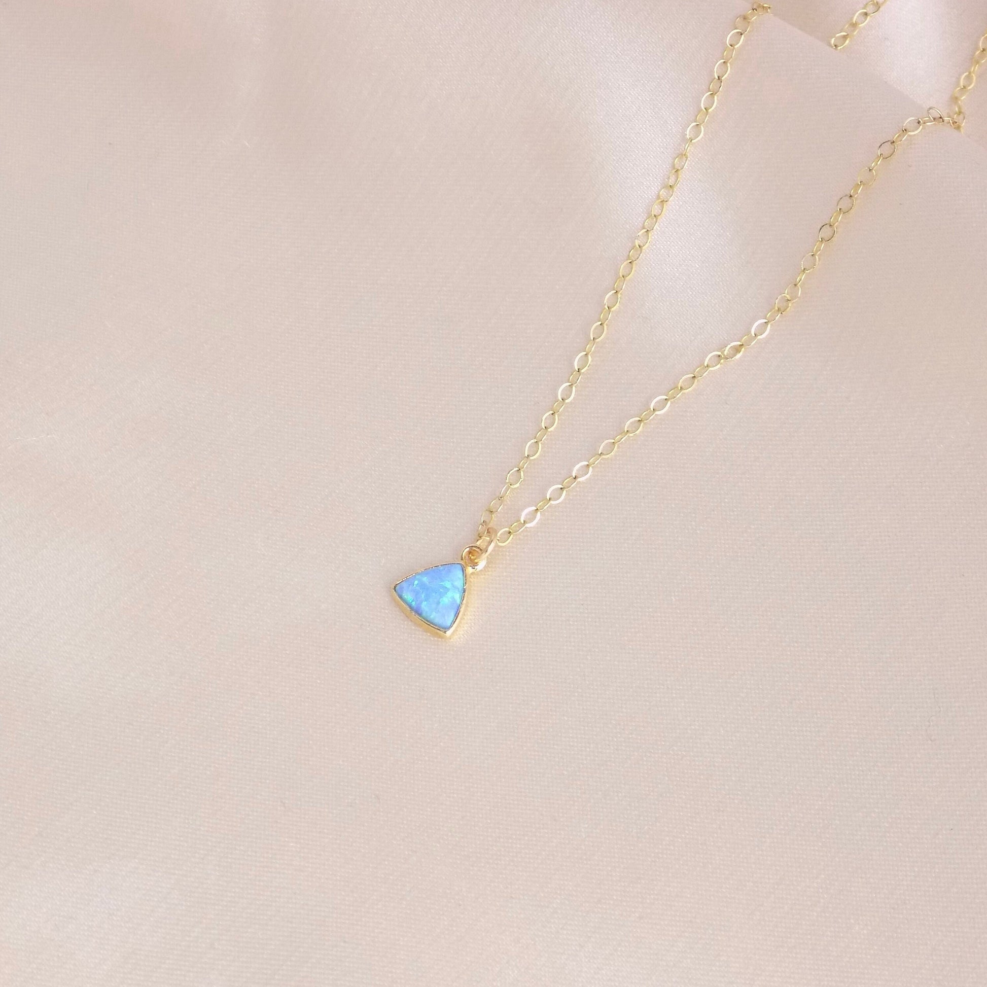 Tiny Opal Necklace Gold, Triangle Opal Necklace, Blue Opal Charm For Layering, 14K Gold Fill Chain, October Birthday Gift, M6-616