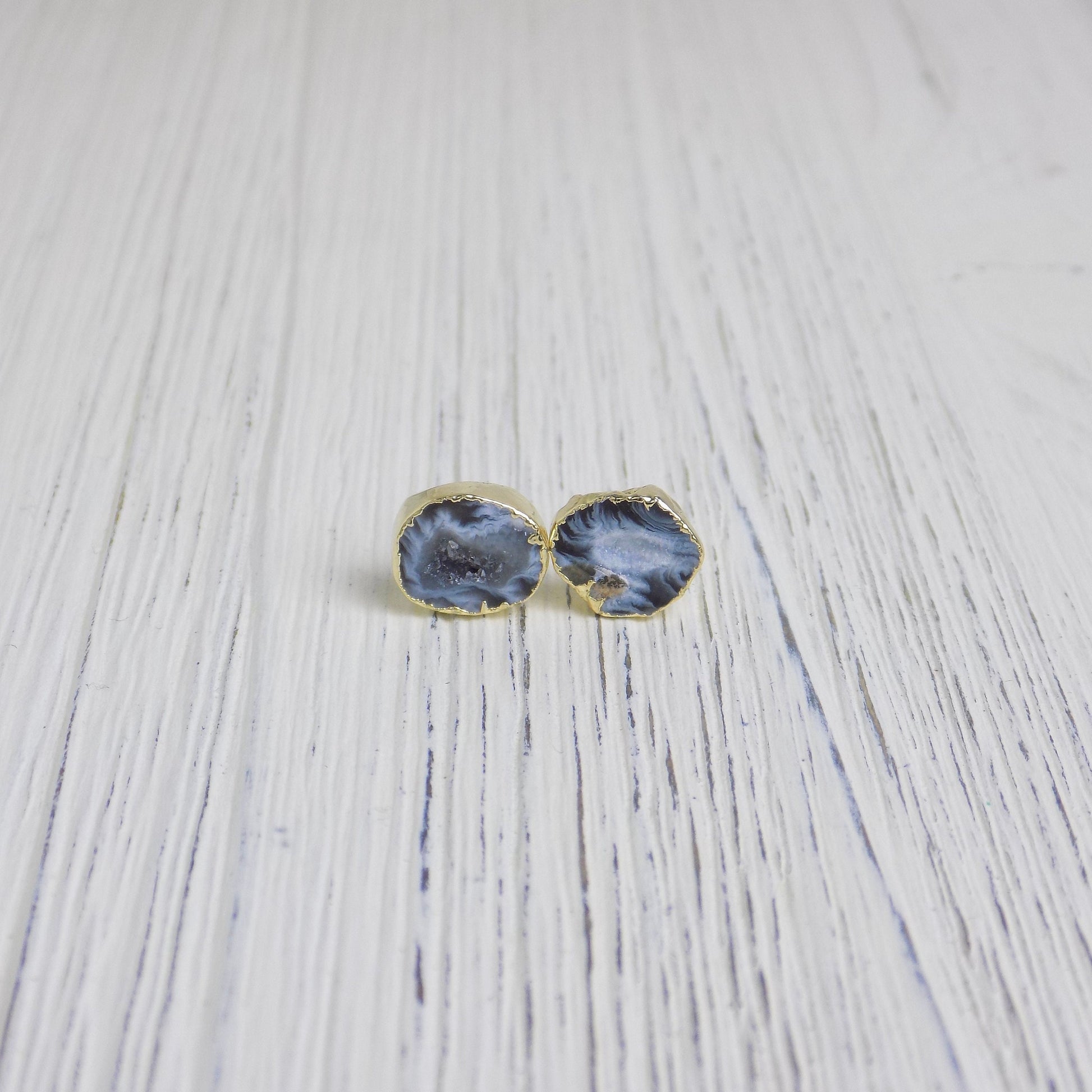 Black Gray Crystal Gemstone Stud Earrings Gold, Druzy Earrings, Gifts For Mom, G14-64
