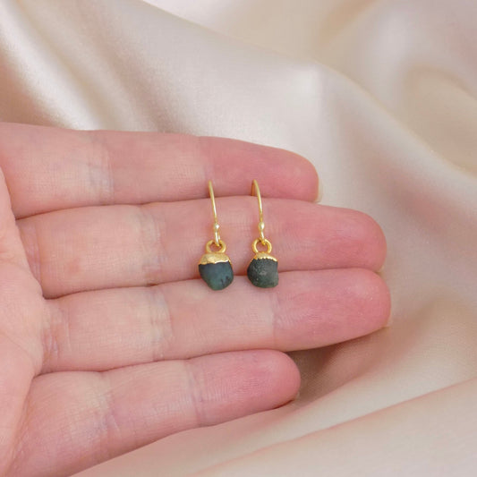 Green Emerald Tiny Natural Gemstone Drop Earrings Gold Dipped, May Birthstone Jewelry For Women, M6-92