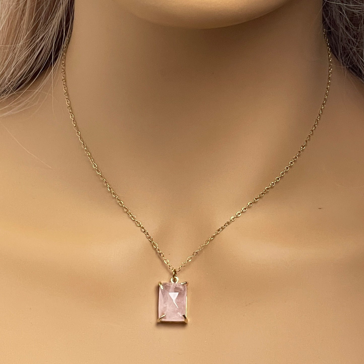 Unique Pink Gemstone Necklace Gold, Rose Quartz Pendant, Rectangle Stone For Layering, Christmas Gift Women, M6-163