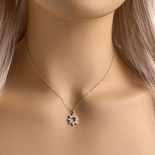 Cubic Zirconia Sun Necklace Gold, Minimalist Layering Necklaces For Women, M5-396