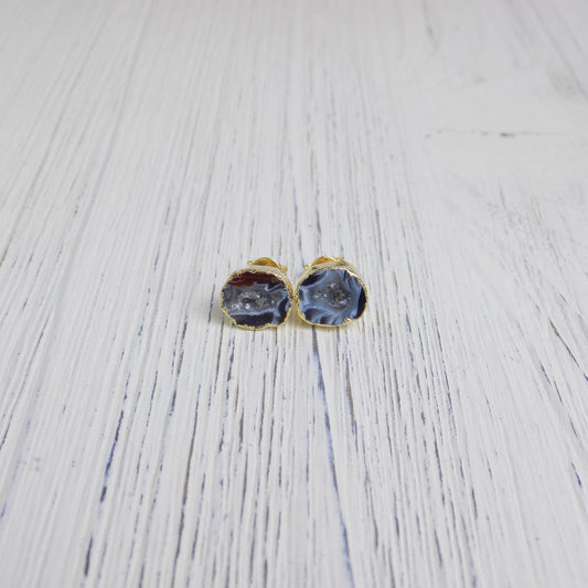 Unique Black Crystal Stud Earrings, Natural Gemstone Geode Studs Gray Druzy Gold, G14-141