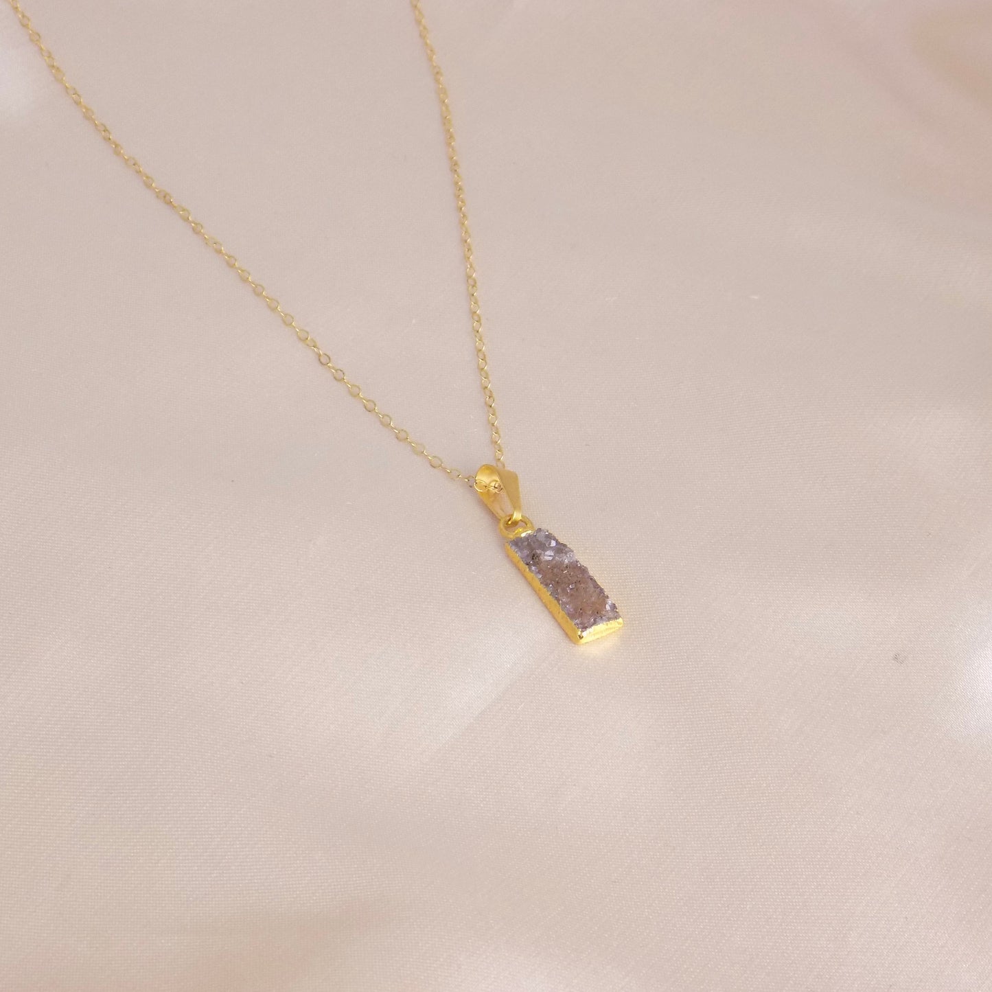 Small Druzy Bar Gemstone Necklace Gold, Valentines Day Gift Women, G14-750