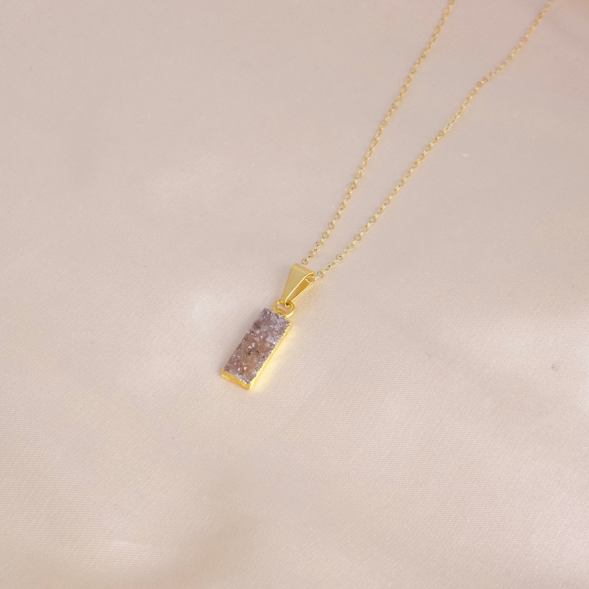 Small Druzy Bar Gemstone Necklace Gold, Valentines Day Gift Women, G14-750