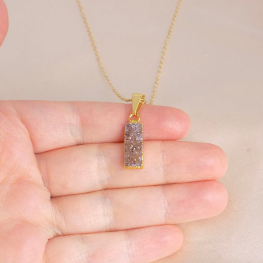 Small Druzy Bar Gemstone Necklace Gold, Valentines Day Gift Women, G14-750
