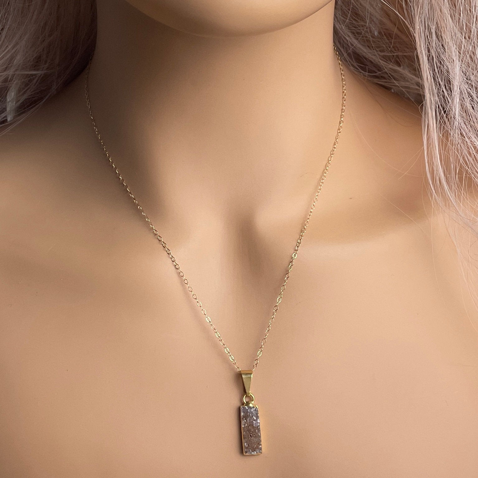 Small Druzy Bar Gemstone Necklace Gold, Valentines Day Gift Women, G14-750