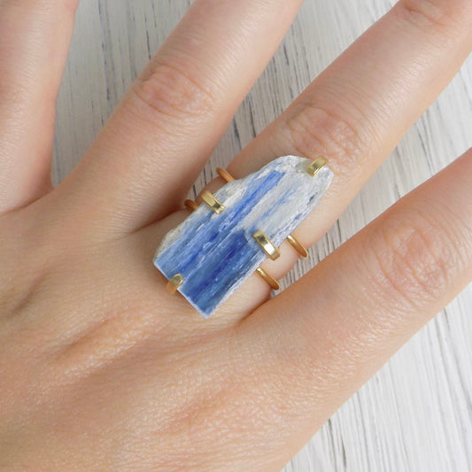 Unique Blue Kyanite Ring with Gold Plated Adjustable Band, Valentines Day Gift, G13-303