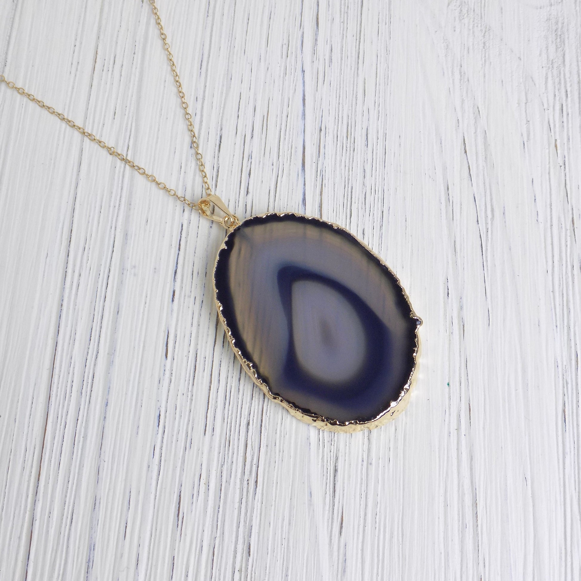 Unique Crystal Necklace, Black Agate Necklace Gold, Long Slice Pendant Necklaces Women's, Gifts For Mom, G14-208