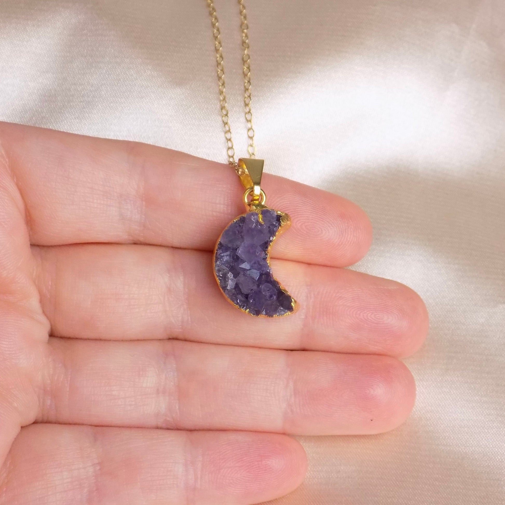 Amethyst Moon Necklace Gold, Crescent Moon Pendant, Purple Druzy Charm, Gifts For Women, R14-51
