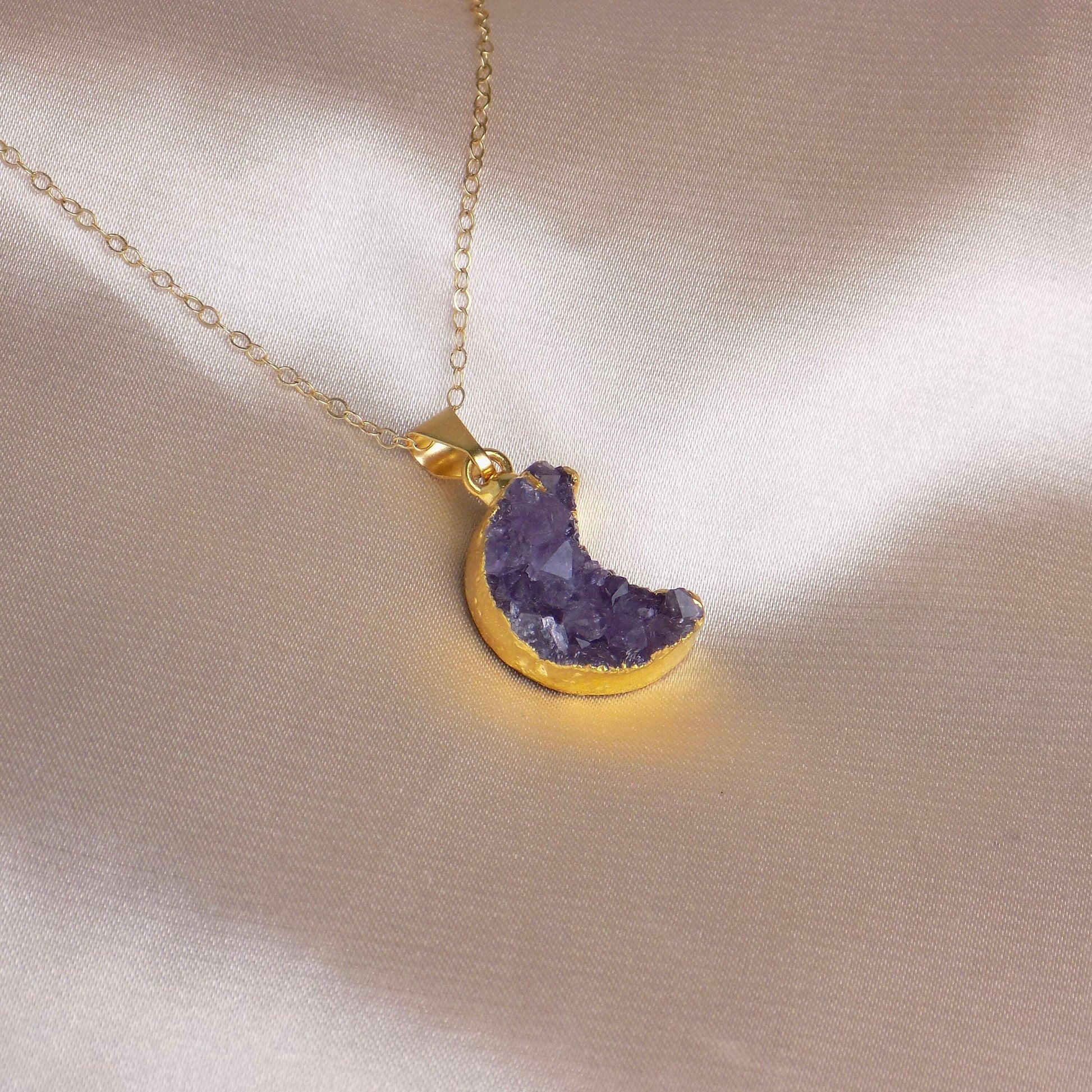 Amethyst Moon Necklace Gold, Crescent Moon Pendant, Purple Druzy Charm, Gifts For Women, R14-51