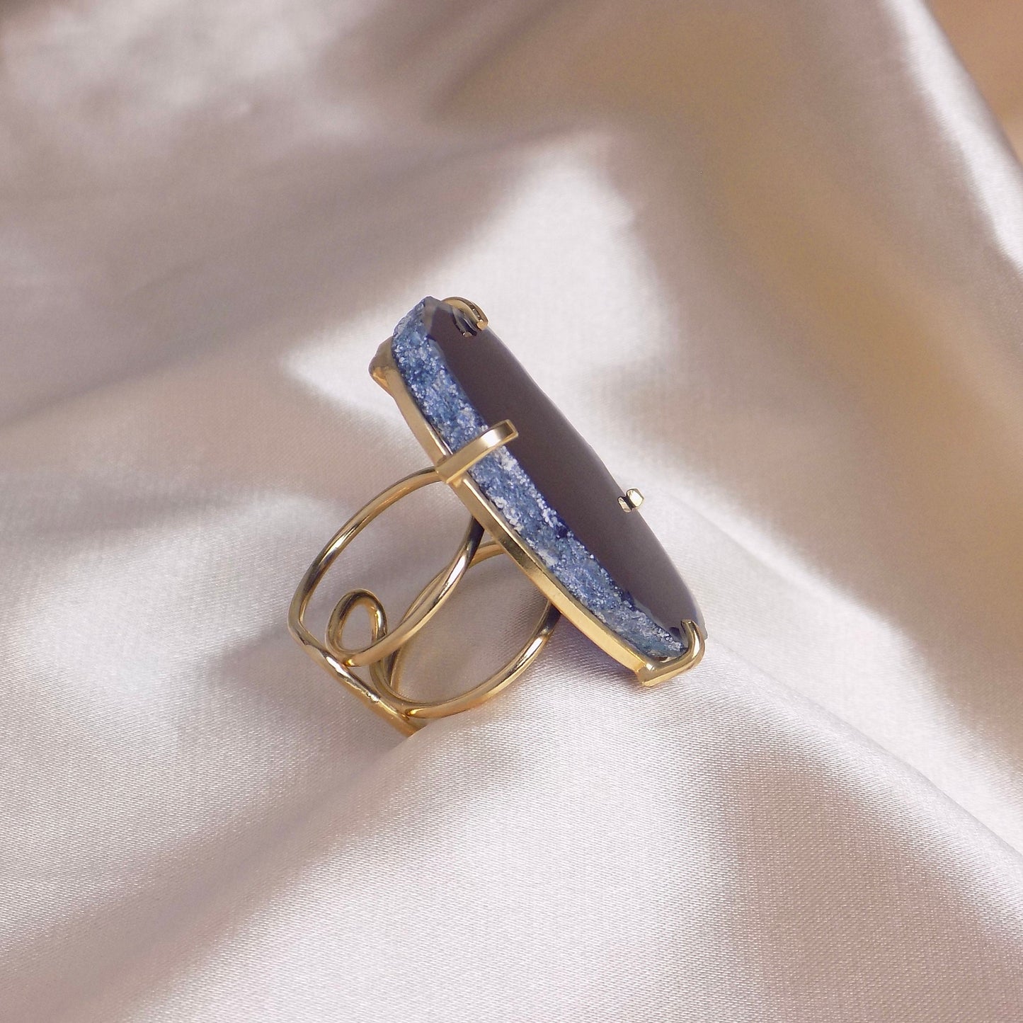 Extra Large Navy Blue Agate Gemstone Ring Gold Plated Adjustable Band, G14-770