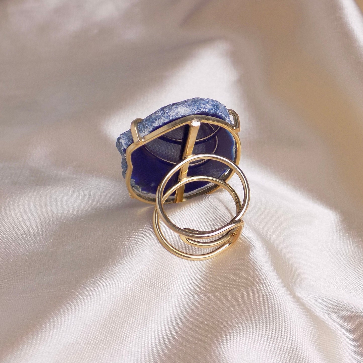 Extra Large Navy Blue Agate Gemstone Ring Gold Plated Adjustable Band, G14-770