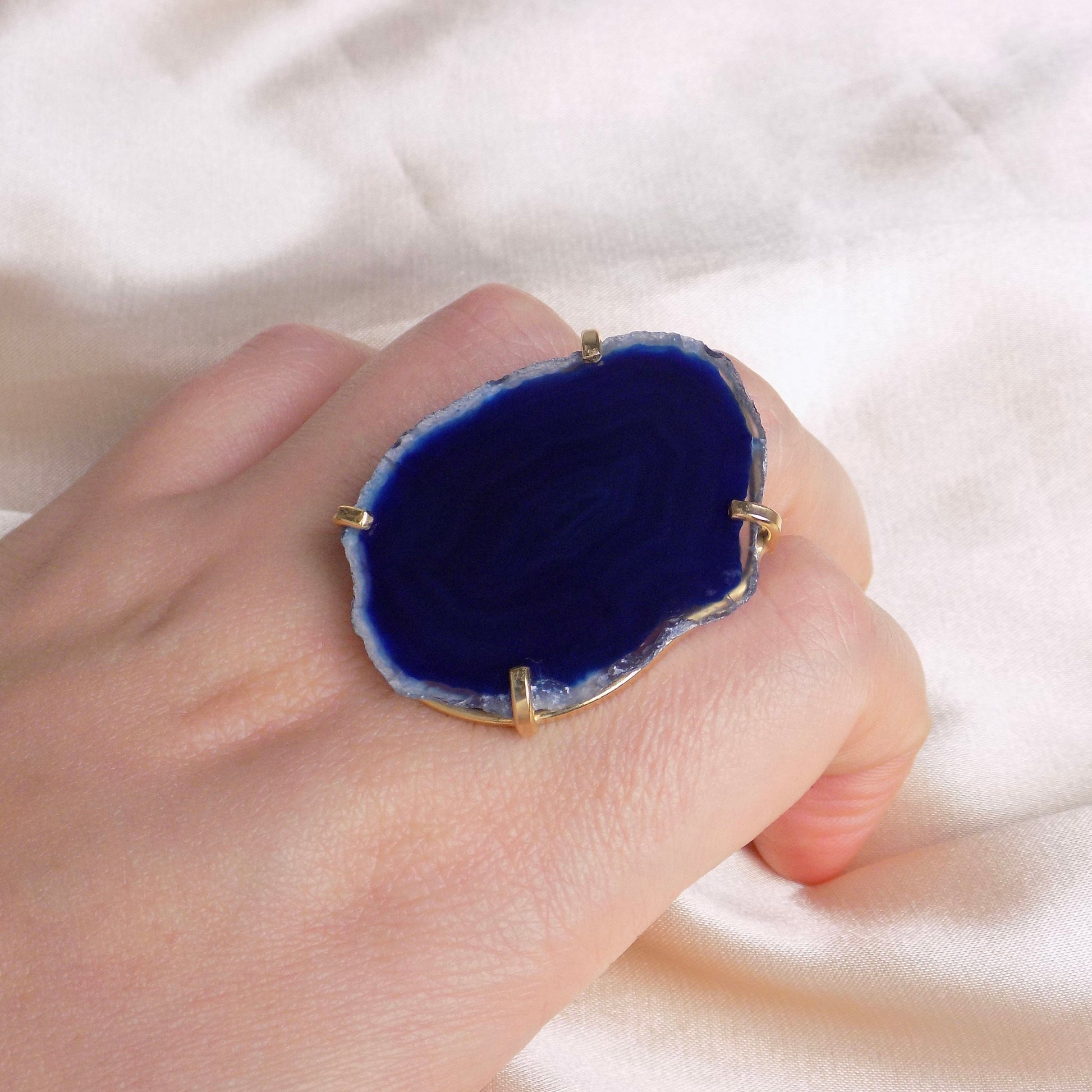 Extra Large Navy Blue Agate Gemstone Ring Gold Plated Adjustable Band, G14-770