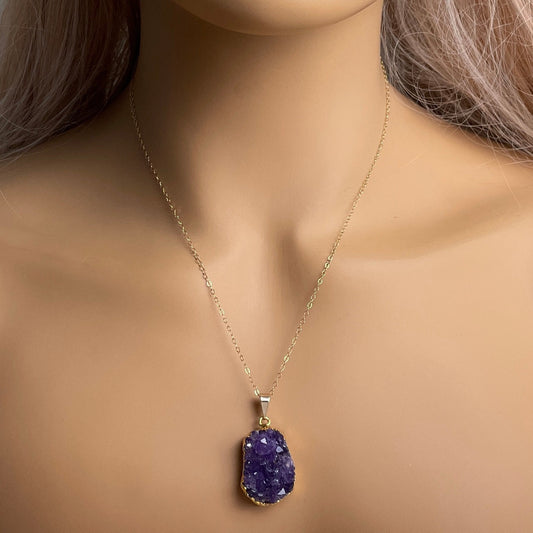 Gift For Mom, Lavender Amethyst Necklace, Raw Druzy Pendant Necklace Gold, Healing Crystal Necklaces For Women, Gifts For Grandma, G14-774