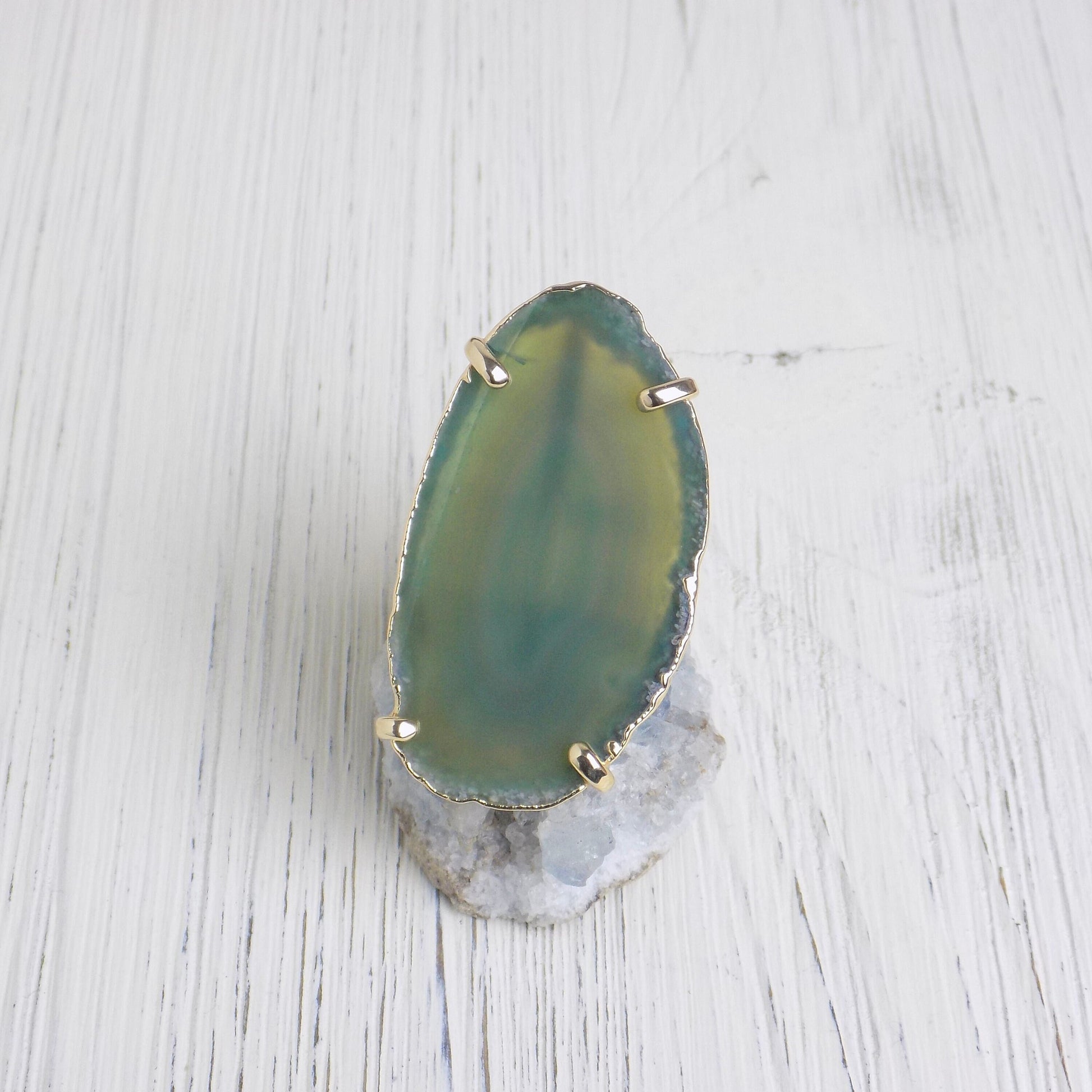 Green Agate Ring Gold, Statement Sliced Geode Ring, Boho Stone Ring Adjustable, Wedding Jewelry, G14-216
