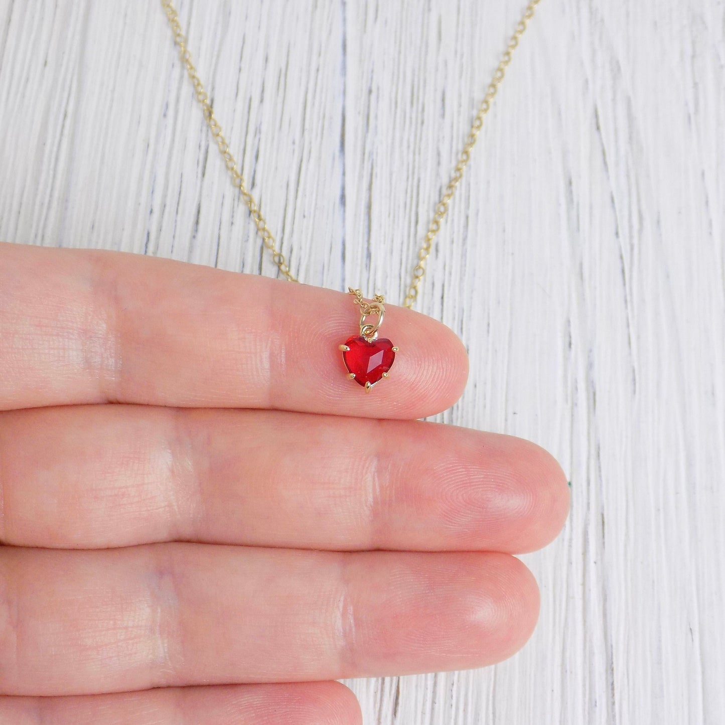 Tiny Red Heart Necklace Gold Cubic Zirconia Crystal on Gold Chain, Gift For Mom, M6-25