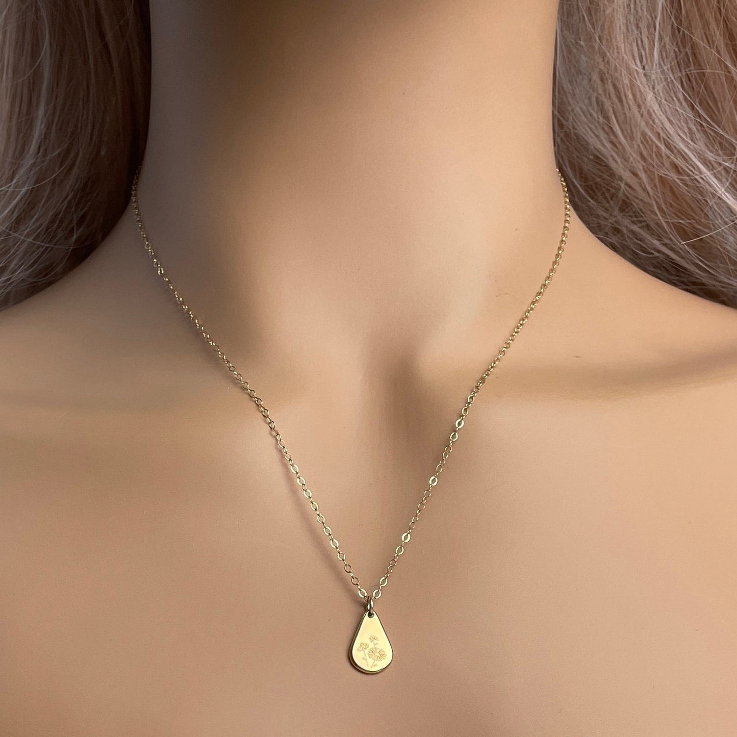 Custom Birth Flower Necklace Gold, Teardrop Birth Flower Charm Necklace, Minimalist Layer, Gift For Best Friend, M6-723