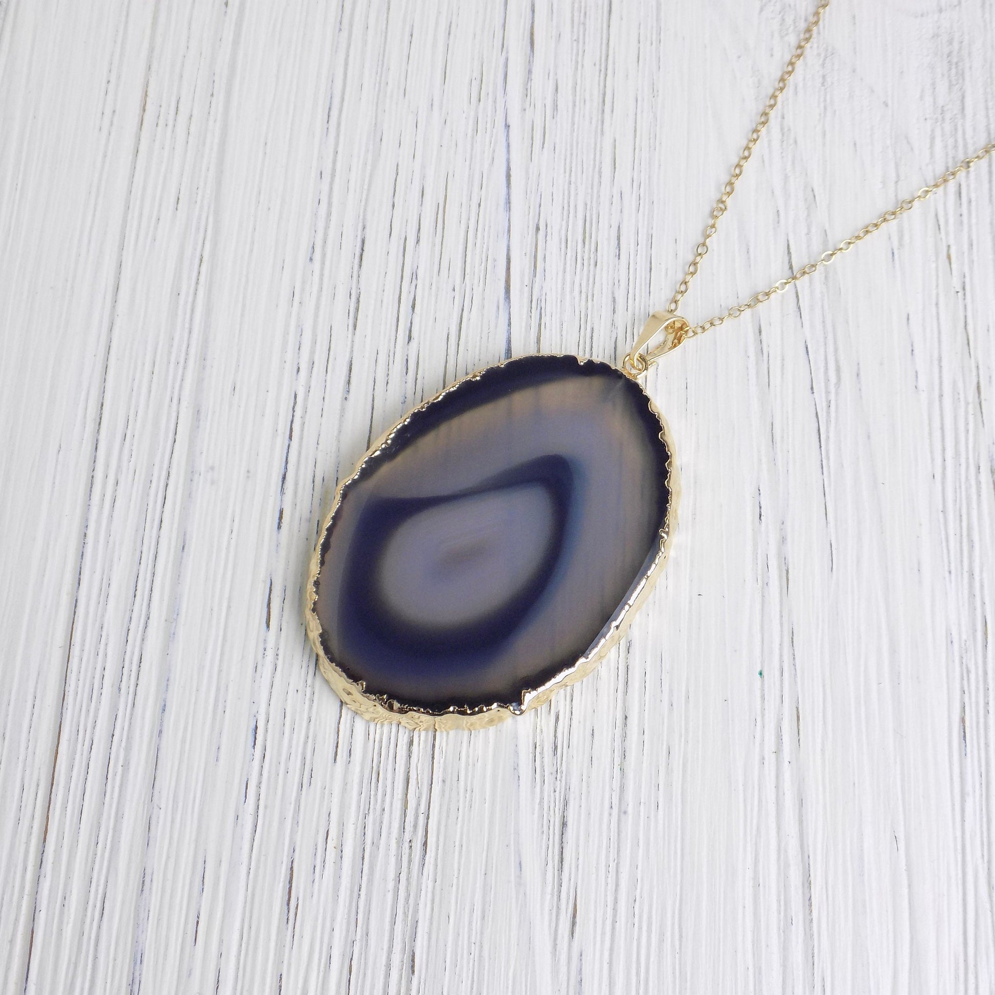 Unique Crystal Necklace, Black Agate Necklace Gold, Long Slice Pendant Necklaces Women's, Gifts For Mom, G14-208