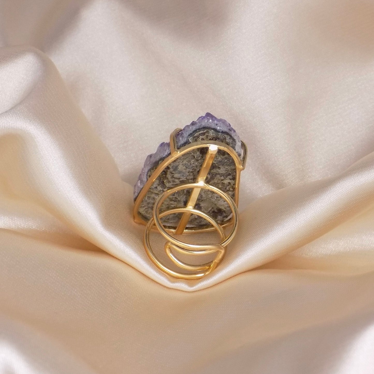 Raw Amethyst Ring Gold Adjustable, Large Purple Crystal Ring, Boho Statement Jewelry, February Birthstone Ring, G14-767