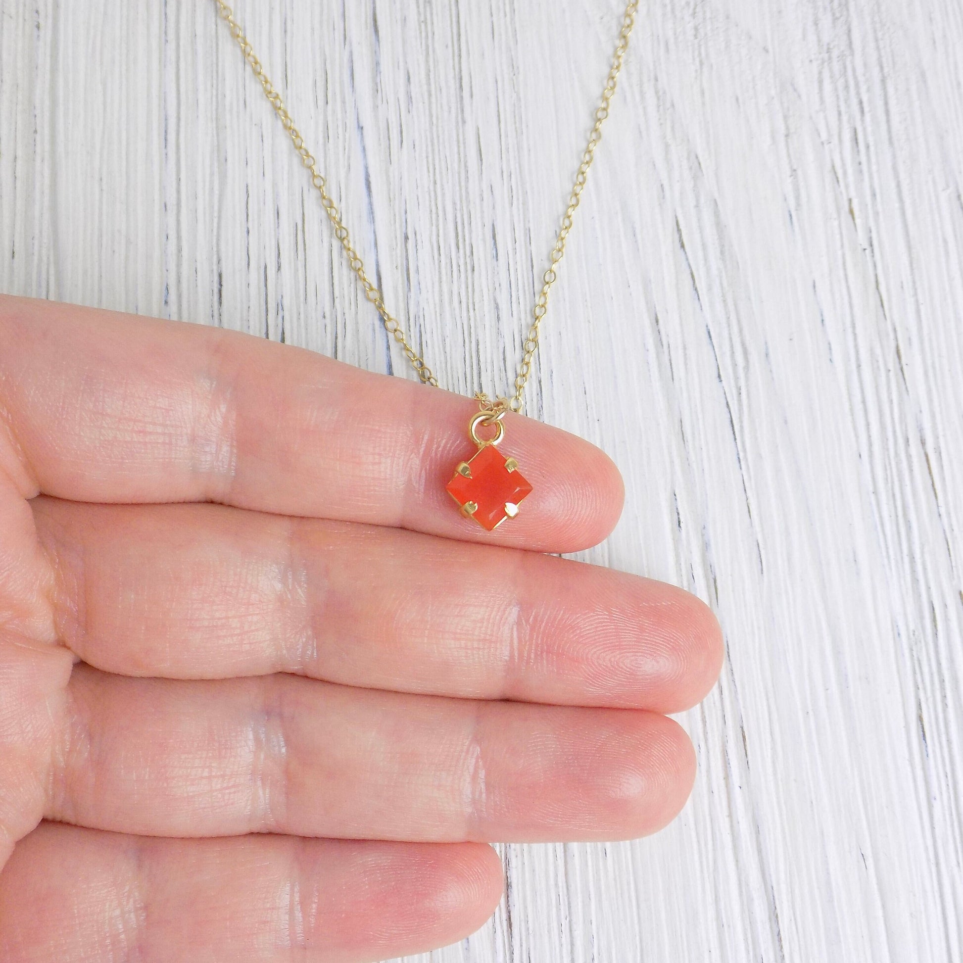 Tiny Carnelian Necklace, Orange Crystal Charm Necklace Layering, 14K Gold Filled Chain, Gift For Wife, M6-30