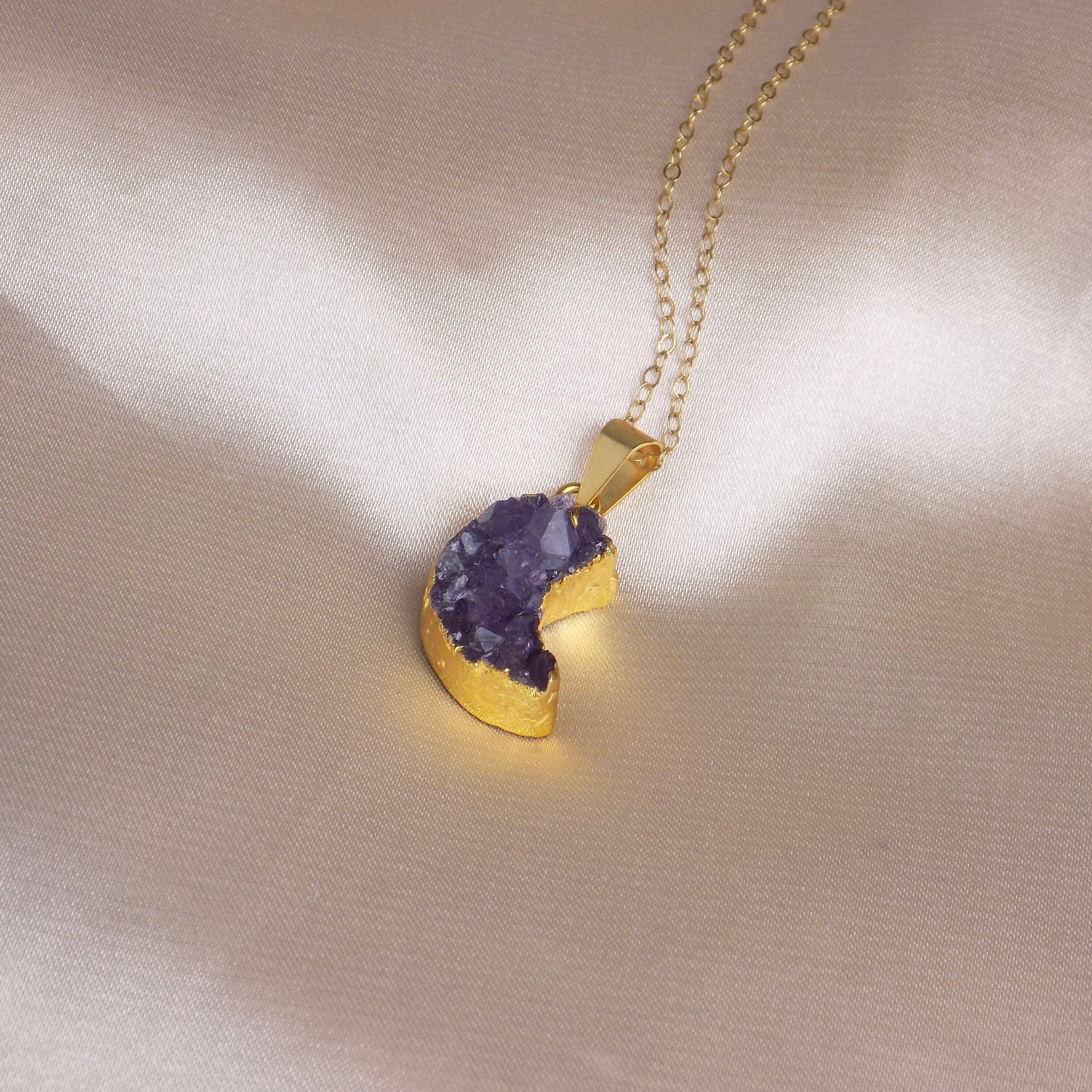 Amethyst Moon Necklace Gold, Crescent Moon Pendant, Purple Druzy Charm, Gifts For Women, R14-51