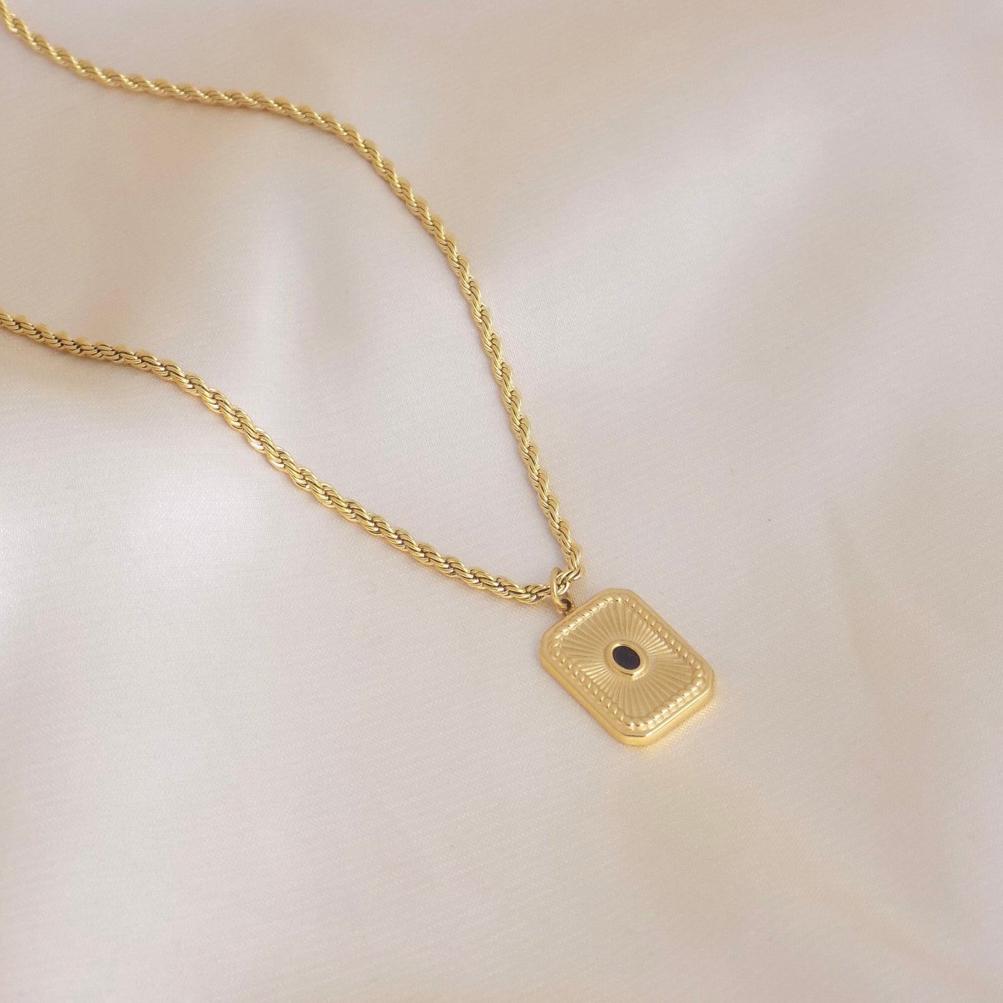 18K Gold Stainless Steel Tag Necklace on Rope Chain, Minimalist Trendy Layering Rectangle Charm, M6-115