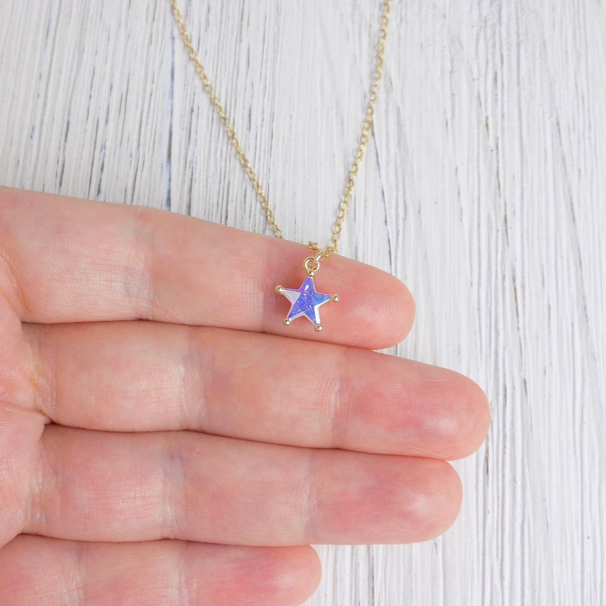 Valentines Day Gift, Tiny Star Necklace, Purple Aura Quartz Charm Necklace For Layering, 14K Gold Filled Chain, M6-27