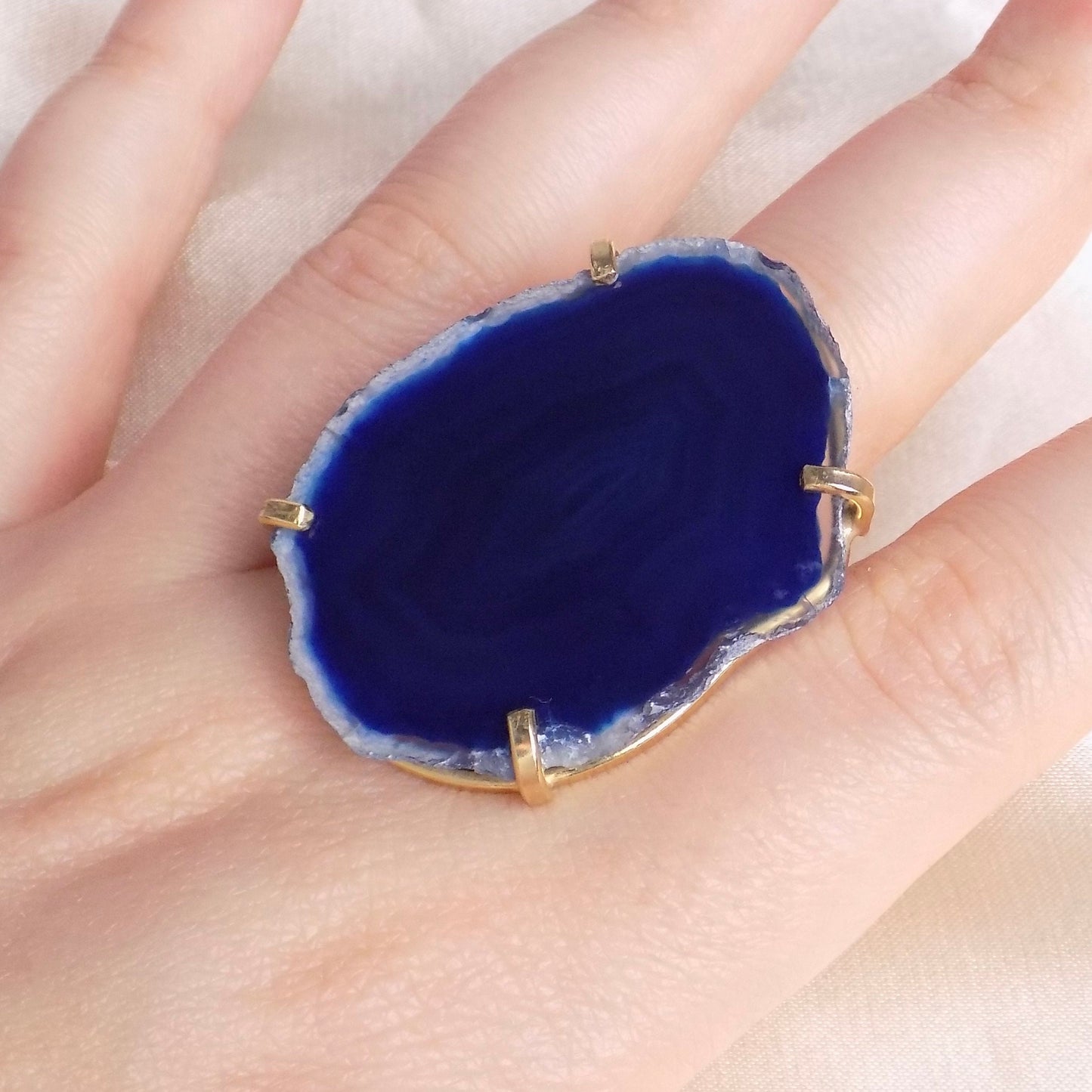 Extra Large Navy Blue Agate Gemstone Ring Gold Plated Adjustable Band, G14-770