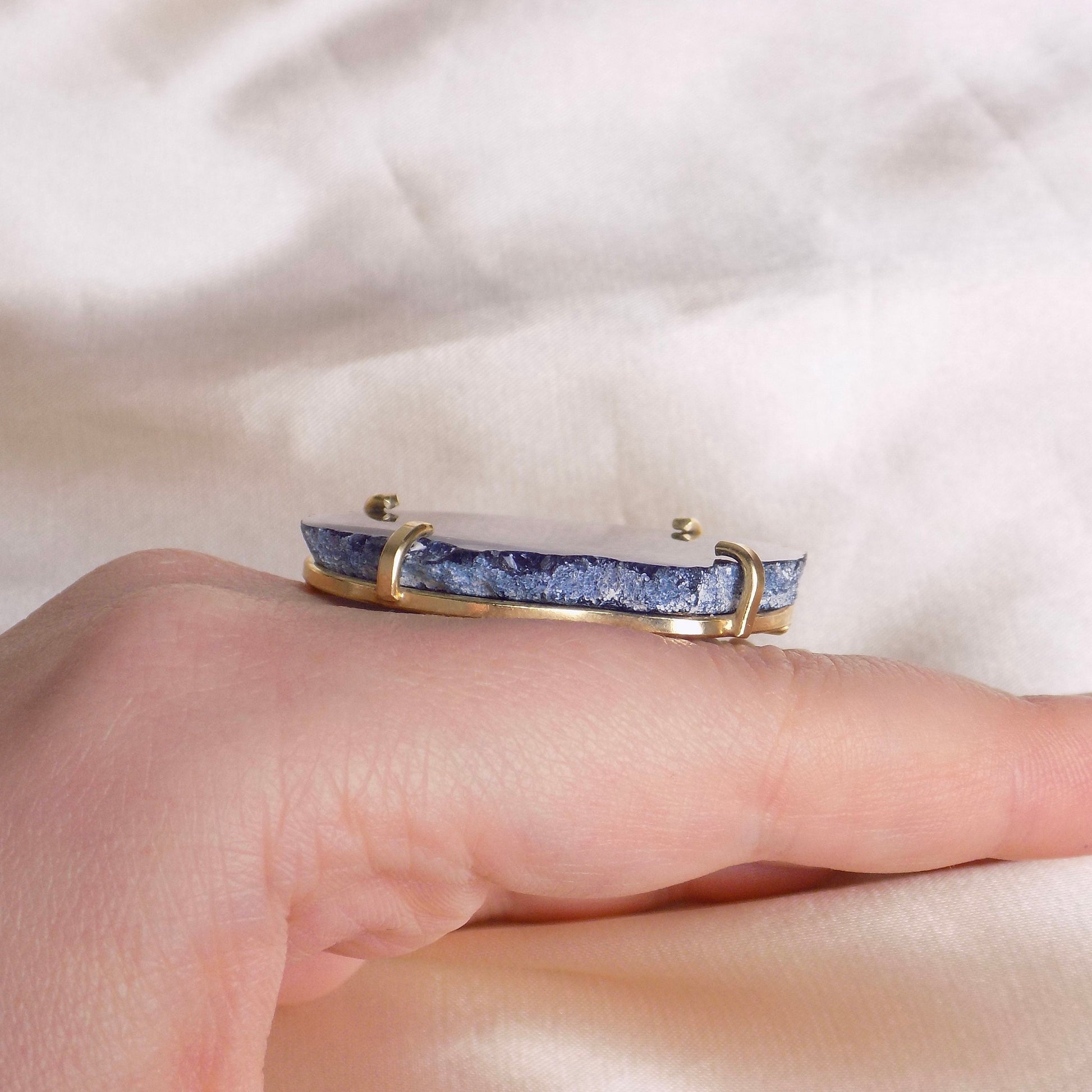 Extra Large Navy Blue Agate Gemstone Ring Gold Plated Adjustable Band, G14-770