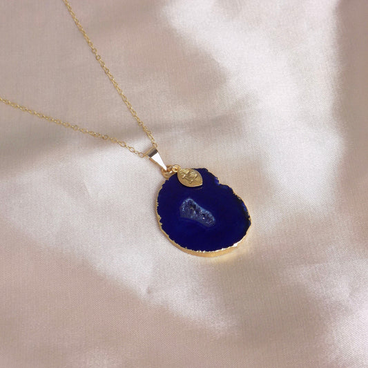 Blue Geode Necklace Gold, Personalized Gemstone Pendant, Christmas Gift Women, G14-787