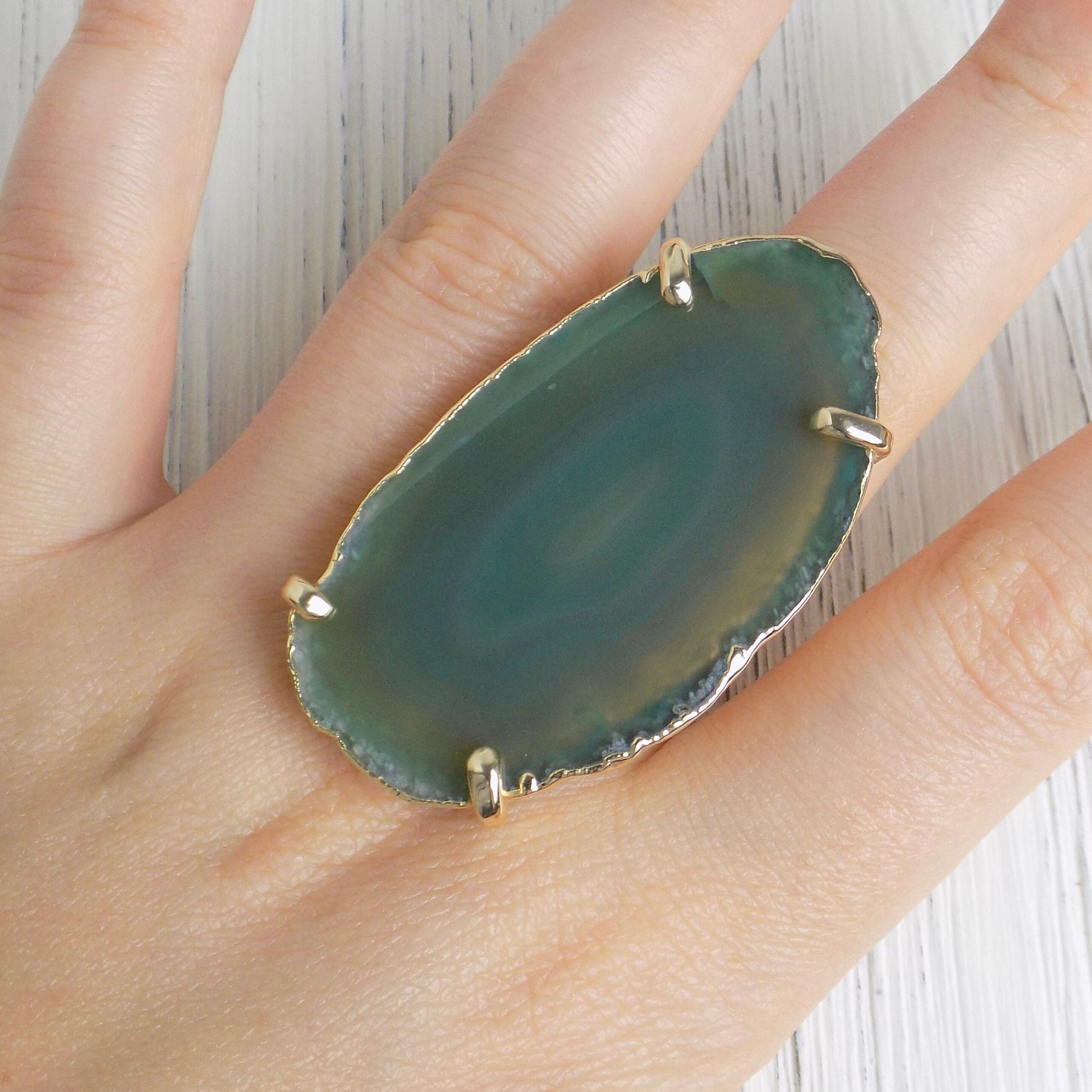 Green Agate Ring Gold, Statement Sliced Geode Ring, Boho Stone Ring Adjustable, Wedding Jewelry, G14-216
